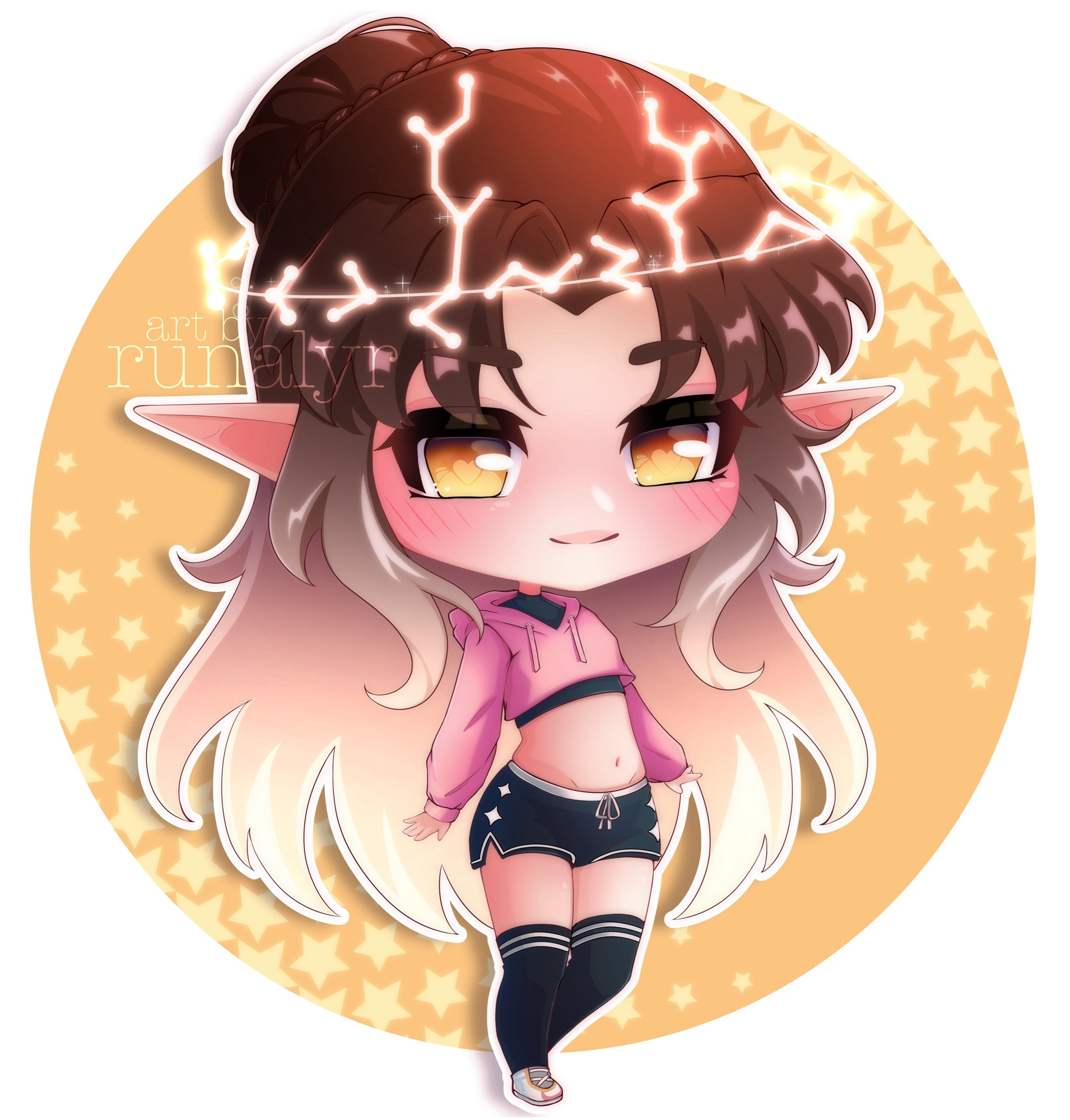 Some gift art for @starryhoneydew. It is a chibi of their original character Lucian (he/they). He has ombre hair brown to blonde with a constellation halo/crown and elf-like ears. He is wearing lil black booty shorts with star patterns, a cropped pink hoodie (that sassy lil tummy is out) with a black undershirt. He has thigh high socks and white sneakers style shoes. The background is an orange/yellow circle with some star patterns. 

Tags for feeds: #art #giftart #chibi #cuteart #digitalart