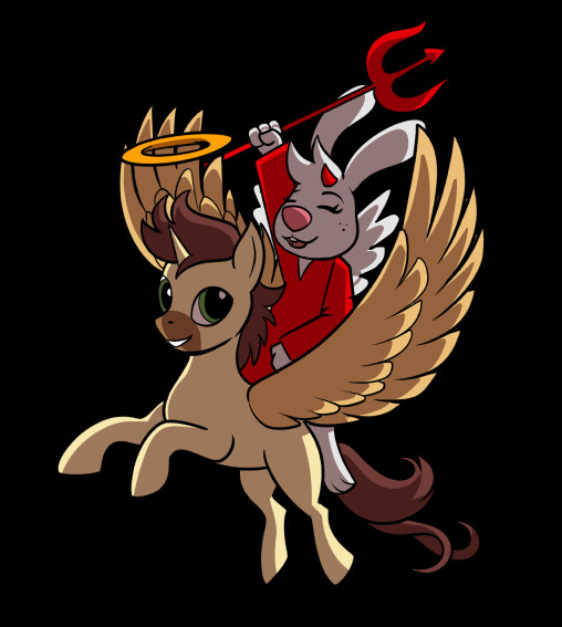 A demonic gabby from angelhare rides a cute angelic my little pony.