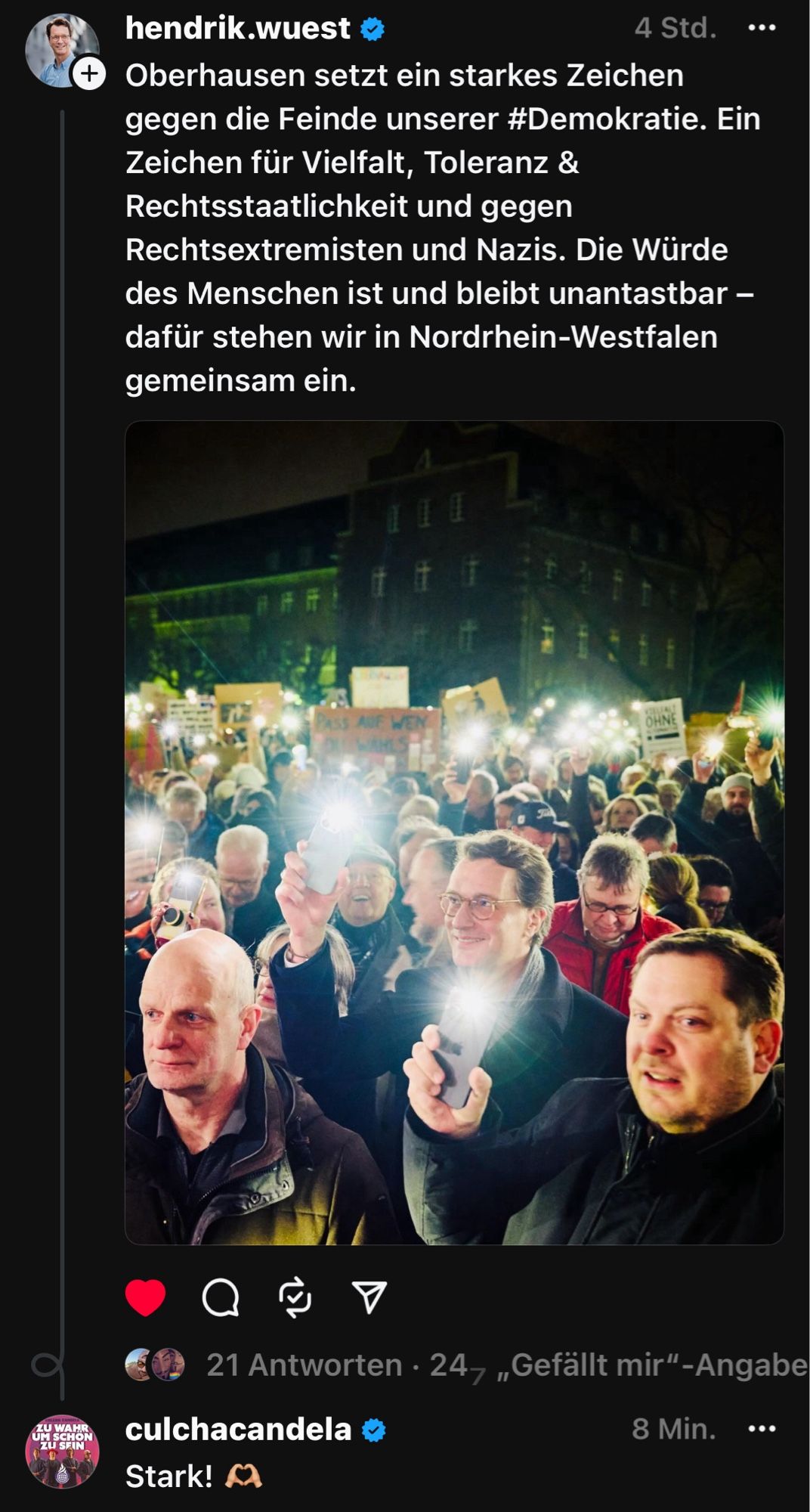 Screenshot von der Demo gegen Rechts mit Ministerpräsident Wüst und Oberbürgermeister Schranz (beide CDU) in Oberhausen.