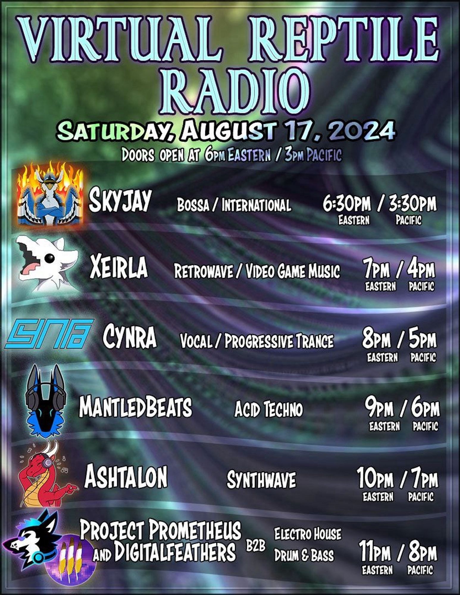 A schedule listing a bunch of DJs for Virtual Reptile Radio, with my set listed at 5pm Pacific