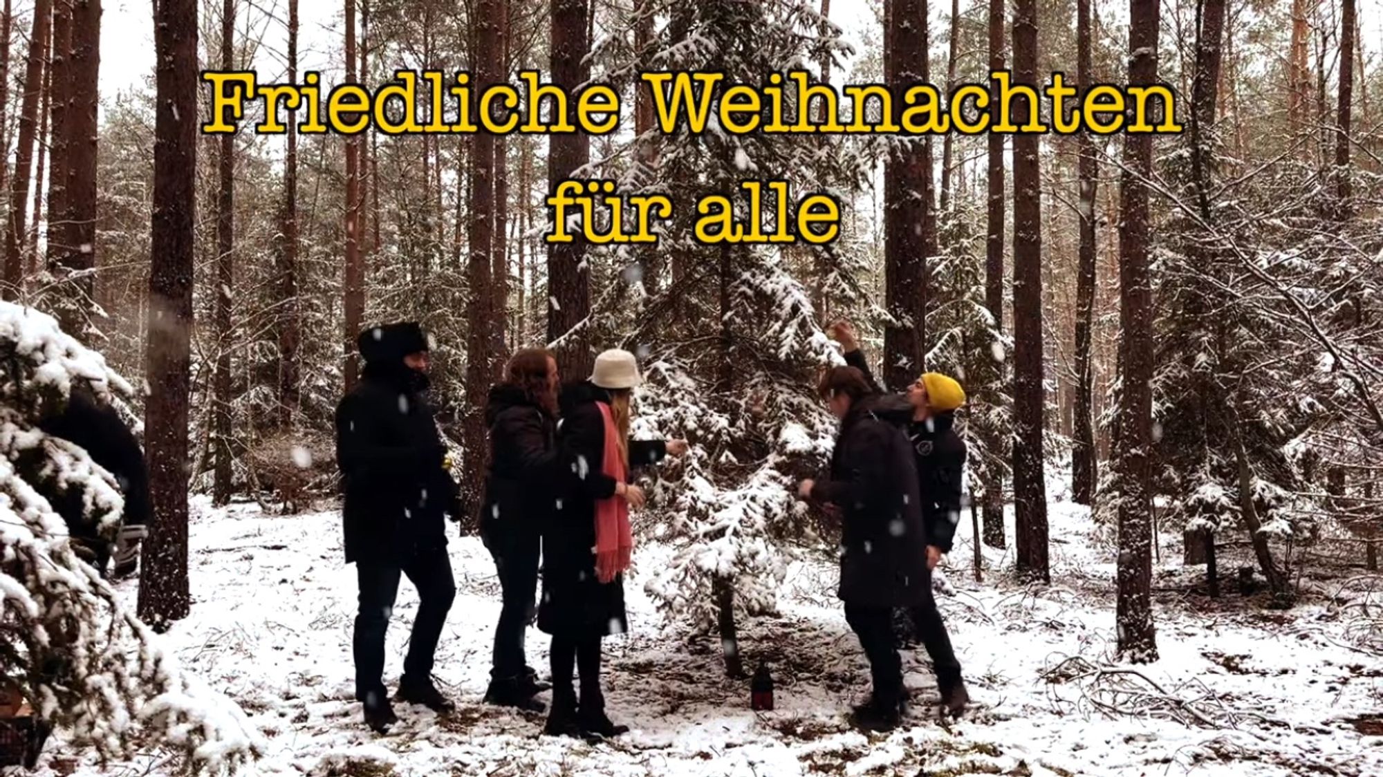 Screenshot aus dem Video zum Song „Friedliche Weihnachten für alle“ mit genau diesen Worten. Im Hintergrund sind 5 Erwachsene in einem winterlichen Wald mit etwas Schnee zu sehen, die eine Tanne schmücken wollen.