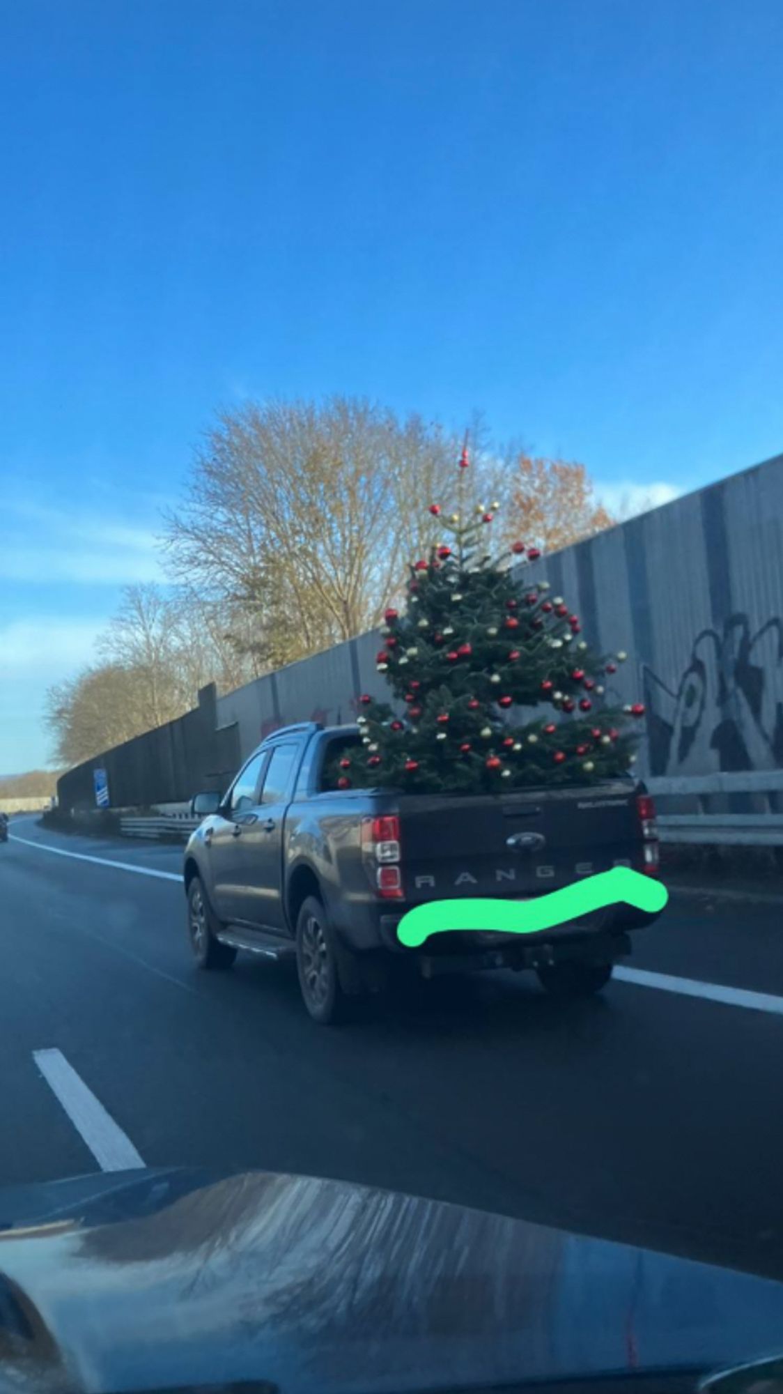 Ford Ranger mit geschmücktem Weihnachtsbaum auf der Ladefläche