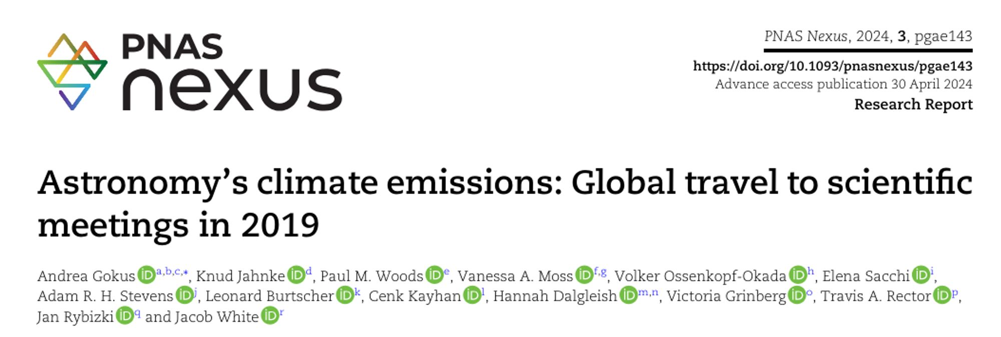 Screenshot of the header from the published paper in the journal PNAS Nexus. The title of the paper is "Astronomy's climate emissions: Global travel to scientific meetings in 2019". The authors are, in the order of the author list: Andrea Gokus, Knud Jahnke, Paul M. Woods, Vanessa A. Moss, Volker Ossenkopf-Okada, Elena Sacchi, Adam R. H. Stevens, Leonard Burtscher, Cenk Kayhan, Hannah Dalgleish, Victoria Grinberg, Travis Rector, Jan Rybizki, and Jacob White.