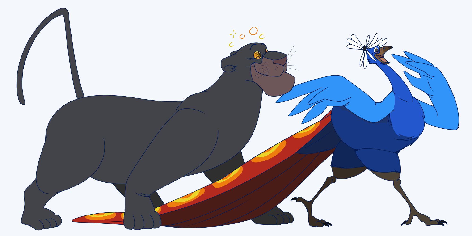 The Boss, as a big beautiful blue feral peacock, leads Bagheera through the jungle.