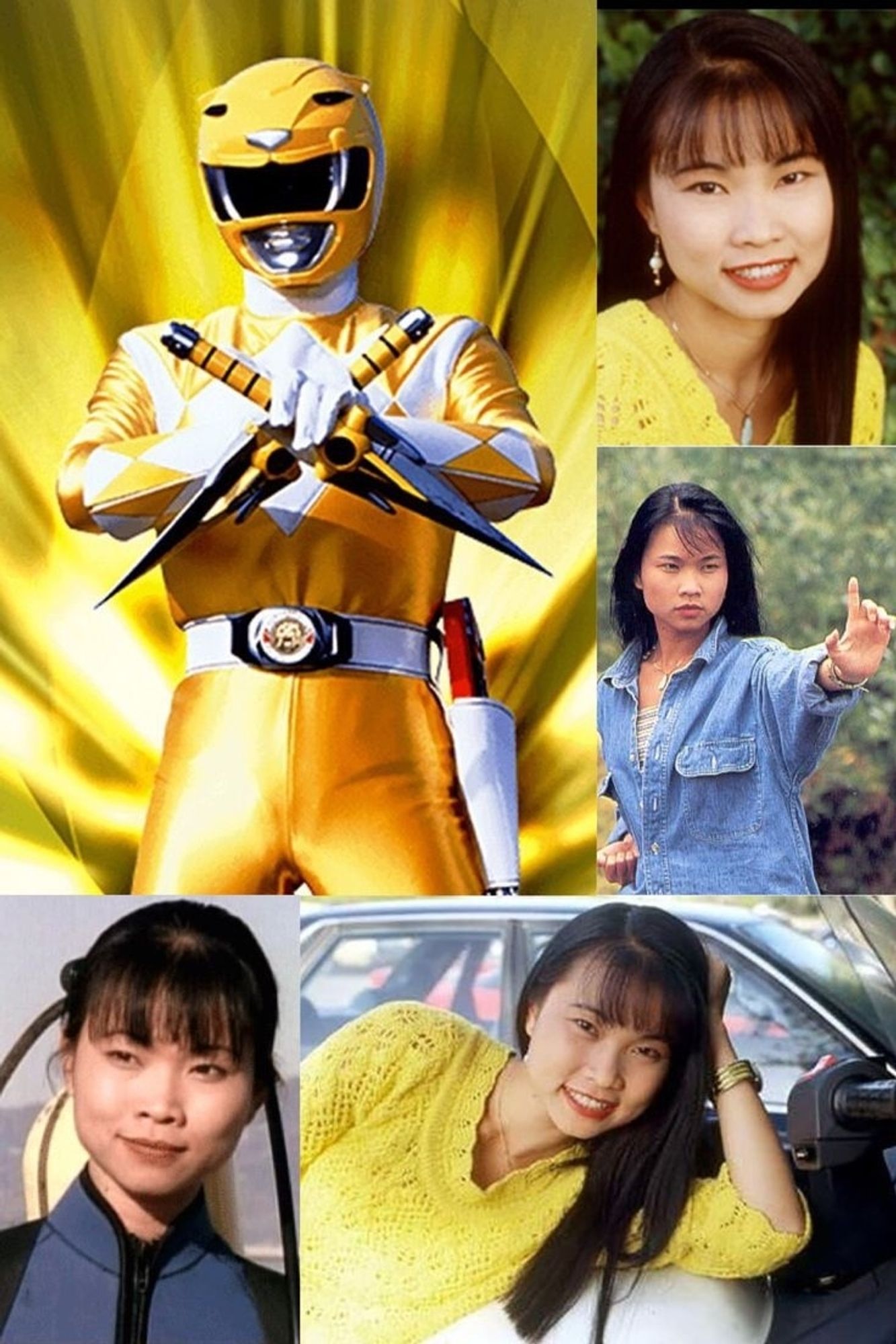 collage of different photos of Trini Kwan, plus a pic of her power ranger suit