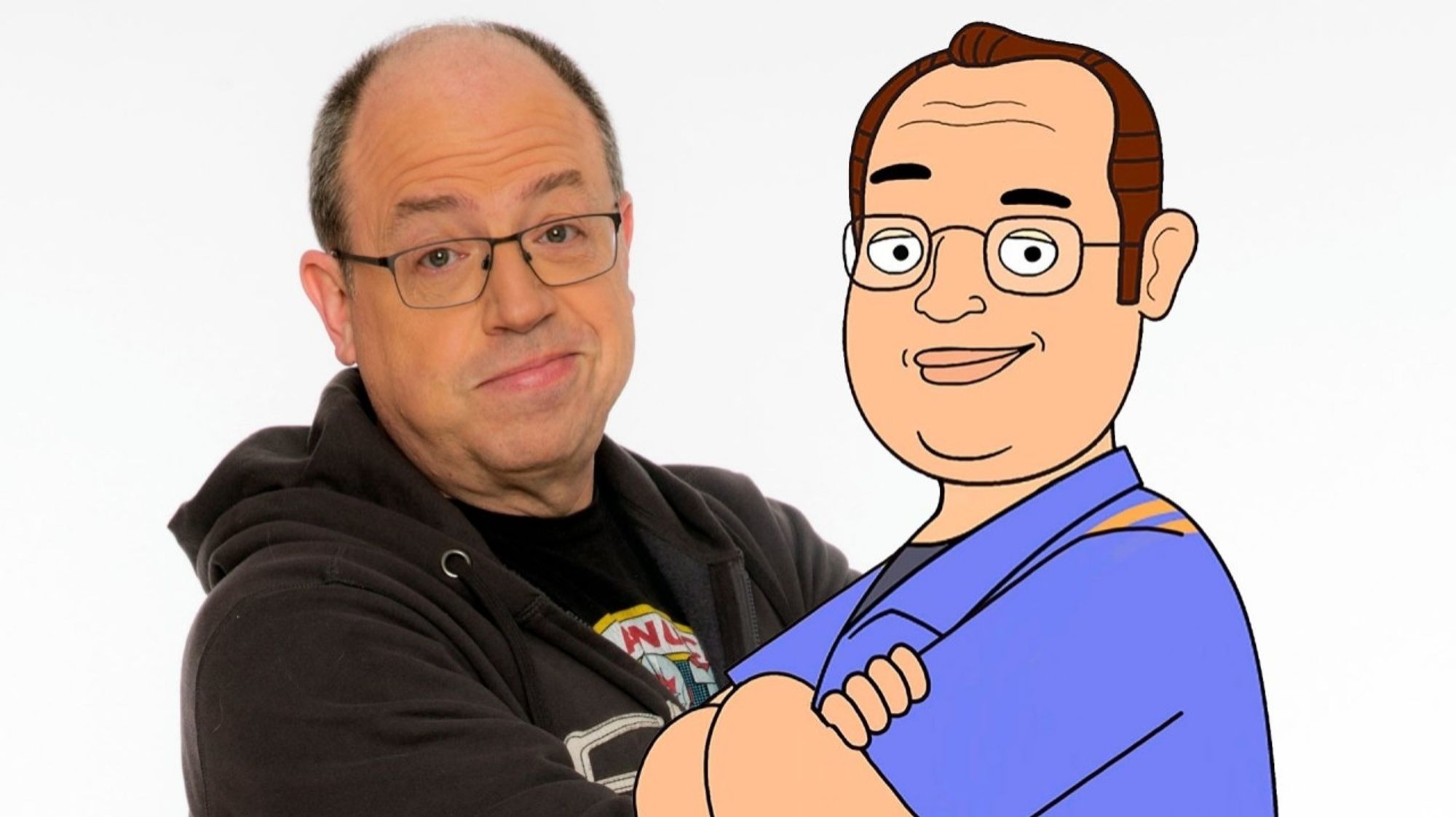 Brent Butt next to his cartoon self from the animated Corner Gas