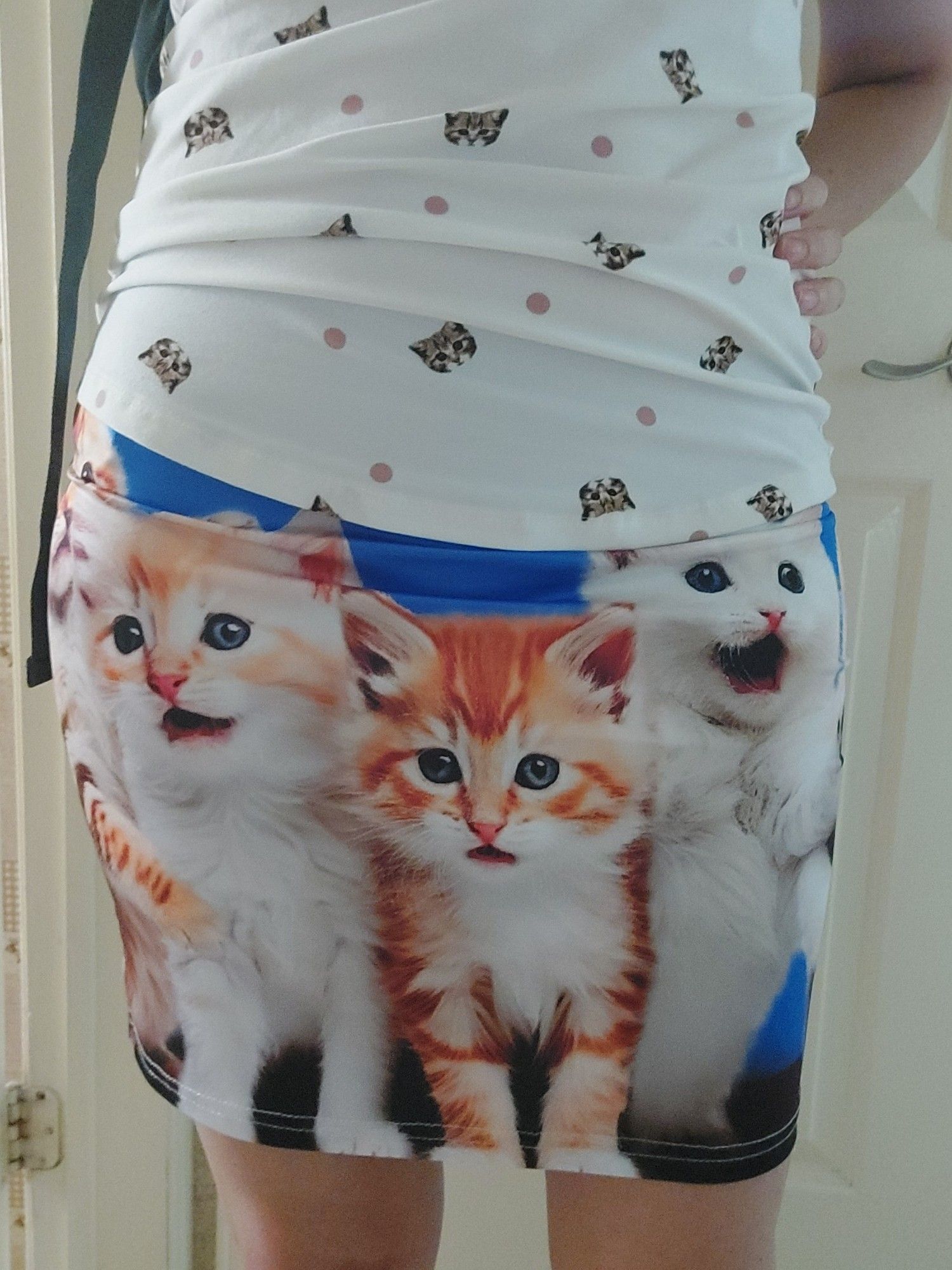 photo of me wearing a white shirt with tiny cats on it, plus a blue mini skirt covered in kittens