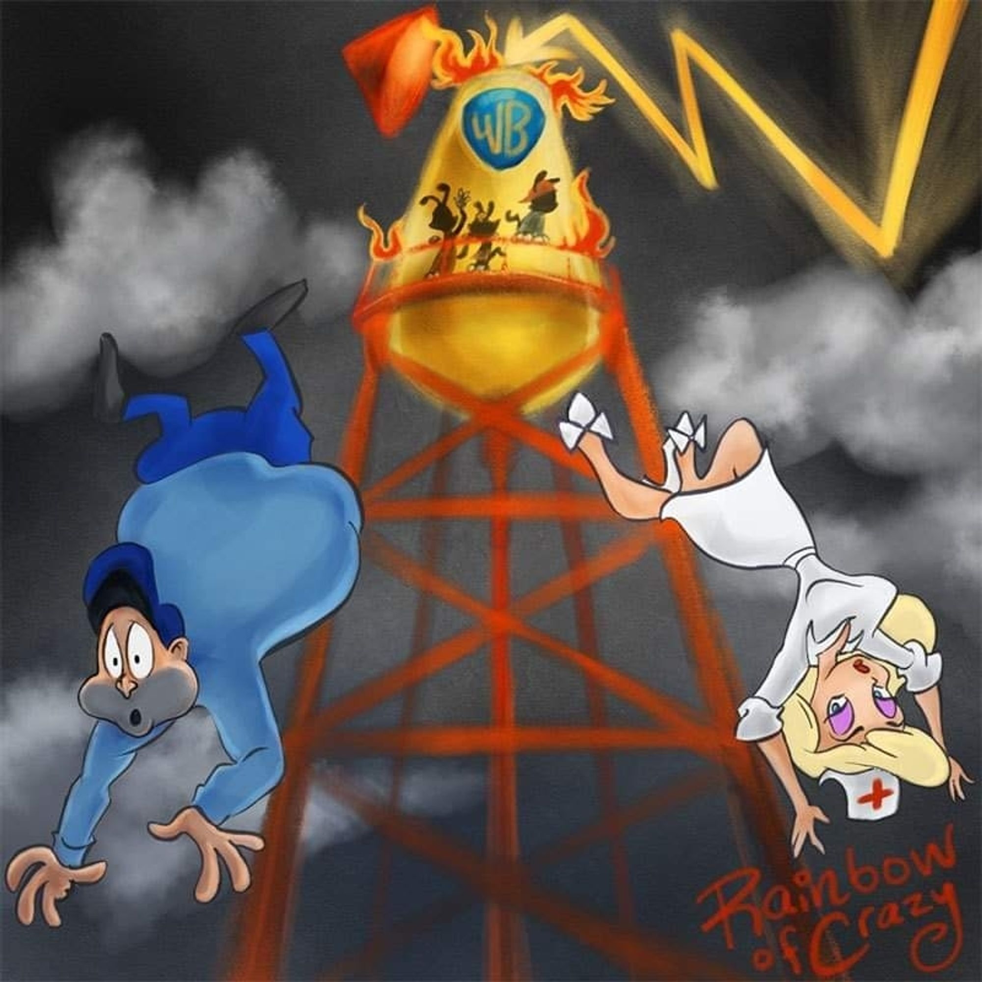 Animaniacs fanart! painting of the Warner Bros tower, lightning striking the top, flames ablaze, roof falling. Ralph and the nurse are falling from the tower. Yakko, Wakko and Dot can be seen standing at the top of the tower. Yakko is waving, looking down