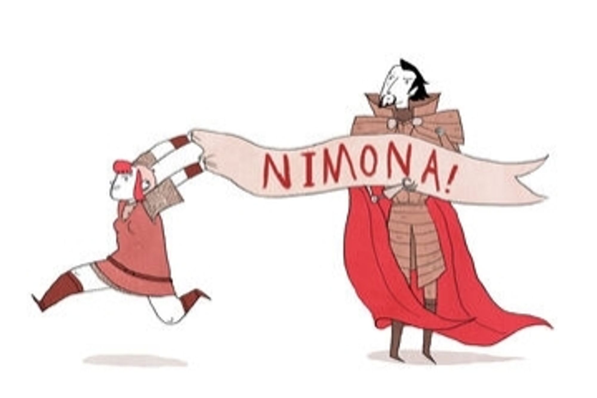 graphic novel Nimona, running with a banner with her name, with Blackheart looking on, disapprovingly