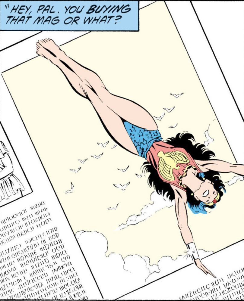 Close-up of a magazine article that has a photograph of Wonder Woman soaring through the air with white doves behind her. Someone off panel says, “Hey, pal. You BUYING that mag or what?“