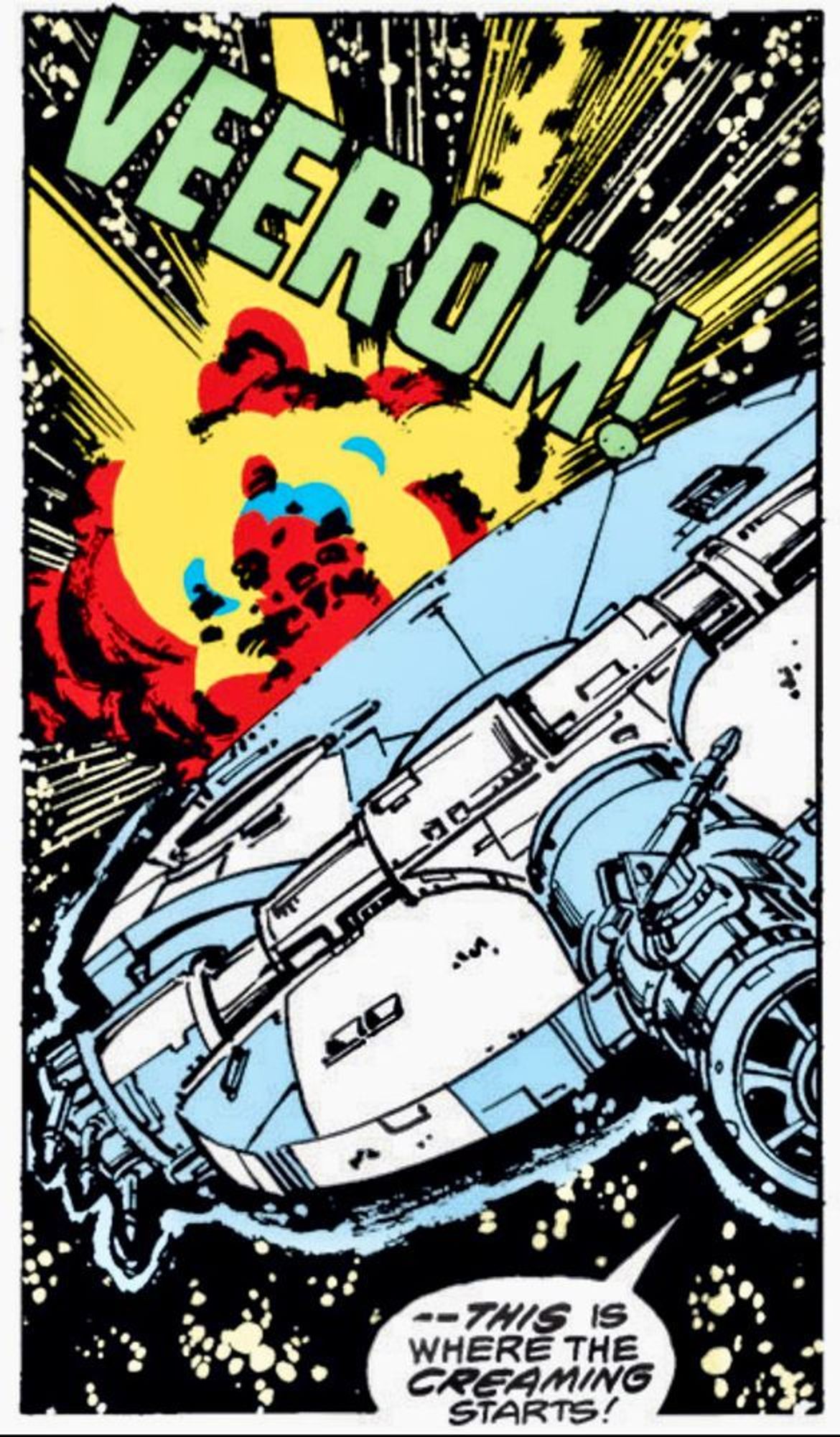 Sound effect: “VEEROM!” There is an explosion in outer space while from inside the Millennium Falcon someone says, “—THIS is where the CREAMING starts!”