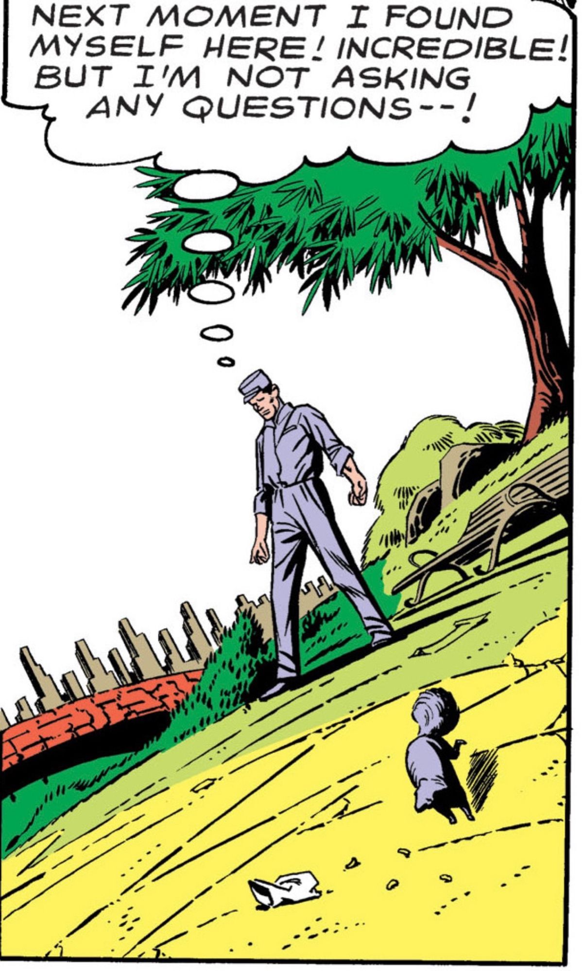 Silver Age man in grey prison clothes stands out in the middle of nowhere. Central City in the background, a squirrel scurries away. He thinks, "Next moment I found myself here! Incredible! But I'm not asking any questions--!"