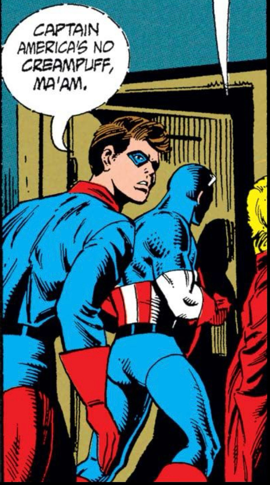 As Captain America walks through a doorway followed by a blonde woman and Bucky Barnes, Bucky whispers to the woman, “Captain America’s, no CREAMPUFF, ma’am.”