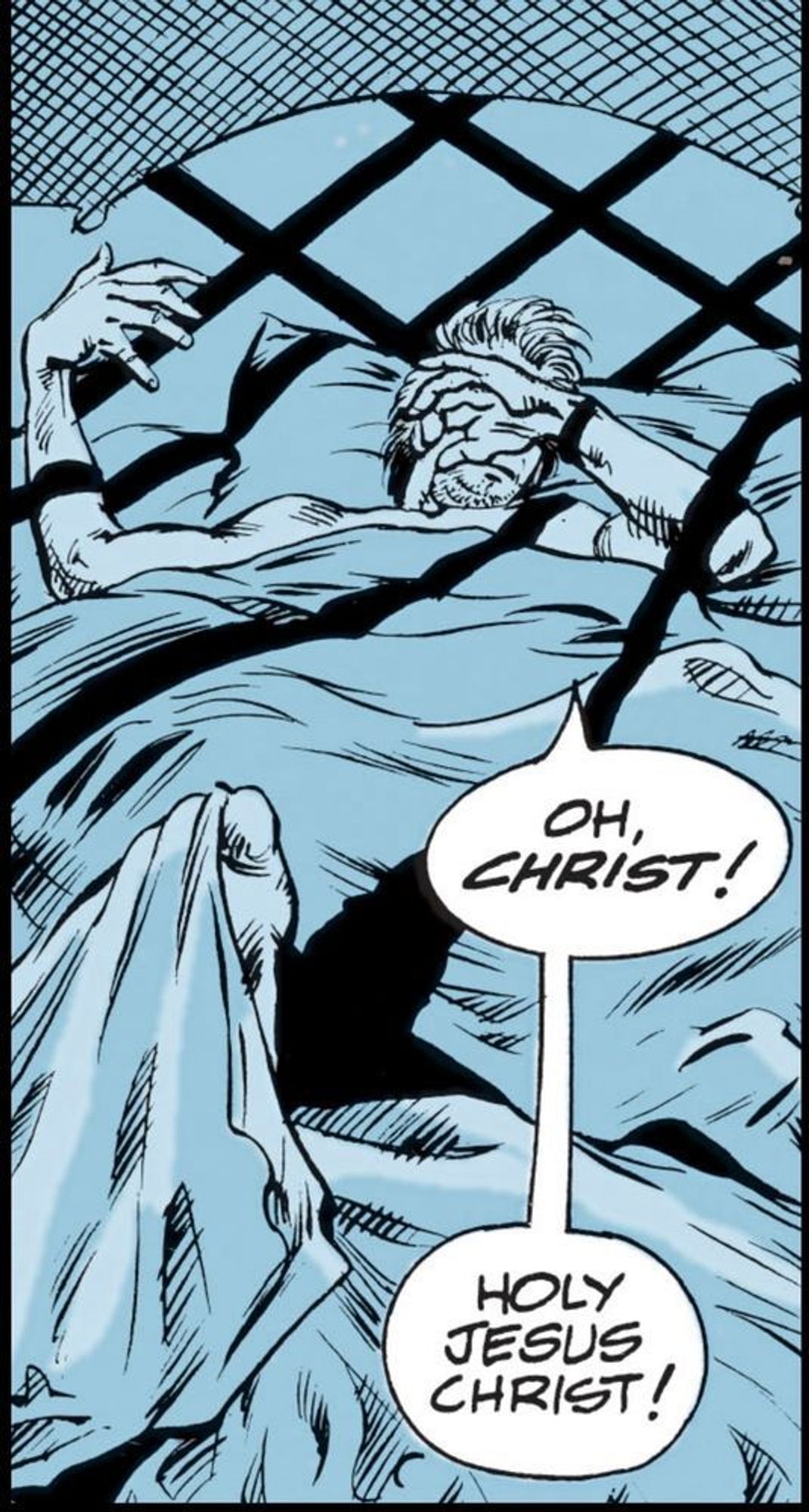 Moonlight shining through the window as John Constantine awakens from a nightmare. "Oh, CHRIST! Holy Jesus Christ!" 