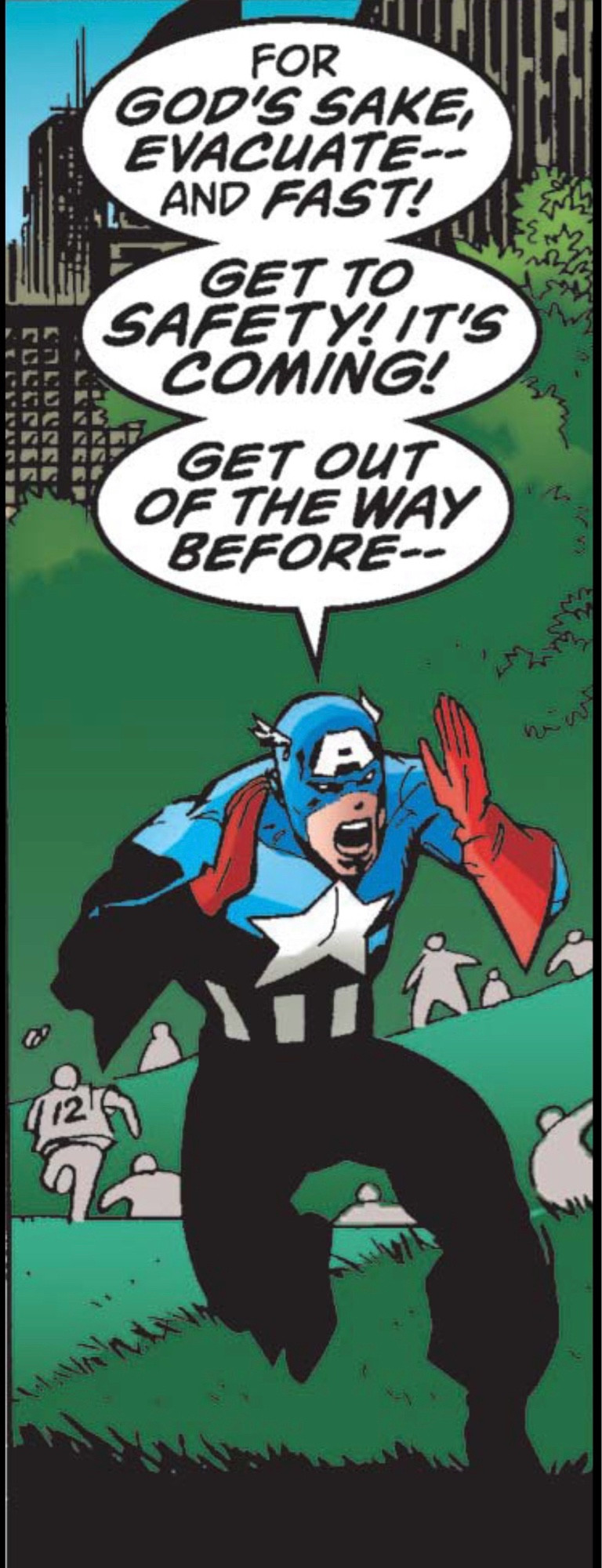 Captain America runs across a grassy hilly area in a city yelling, "For GOD'S SAKE, EVACUATE and FAST! GET TO SAFETY! IT'S COMING! GET OUT OF THE WAY BEFORE--"