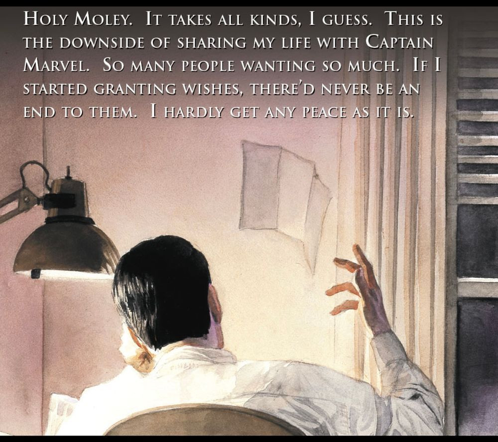Billy Batson at the desk, throws a paper in the air. We see him sitting in the chair from behind. He narrates, “Holy moly. It takes all kinds, I guess. This is the downside of sharing my life with Captain Marvel. So many people wanting so much. If I started granting wishes, there’d never be an end to them. I hardly get any peace as it is.”