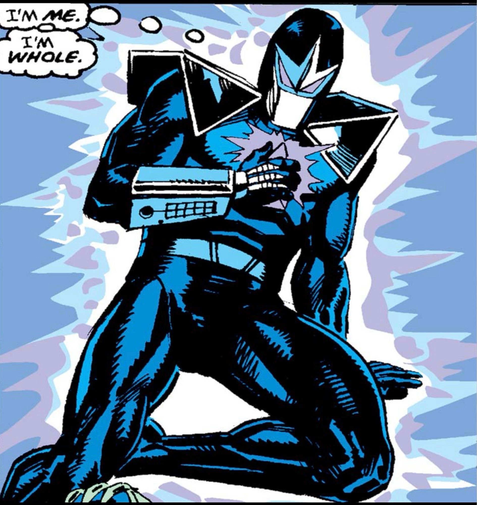 Darkhawk, with his hand over his chest and the purple diamond, sits up and thinks, “It’s ME. I’m WHOLE!“