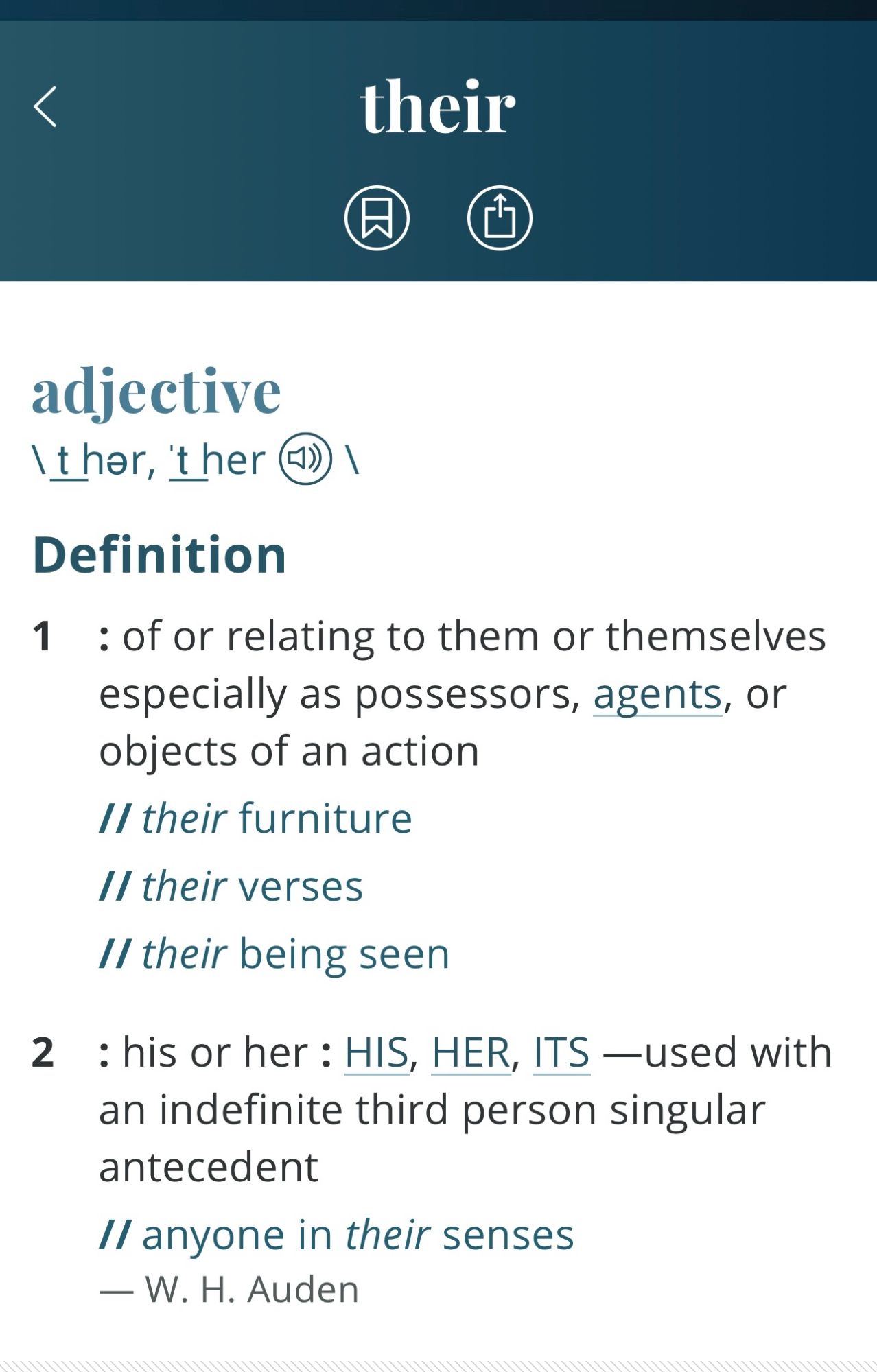 From the Miriam Webster, dictionary: the definition of “their.”

Definition
1 : of or relating to them or themselves especially as possessors, agents, or objects of an action
// their furniture
Il their verses
Il their being seen
2 : his or her: HIS, HER, ITS —used with an indefinite third person singular antecedent
Il anyone in their senses
— W. H. Auden