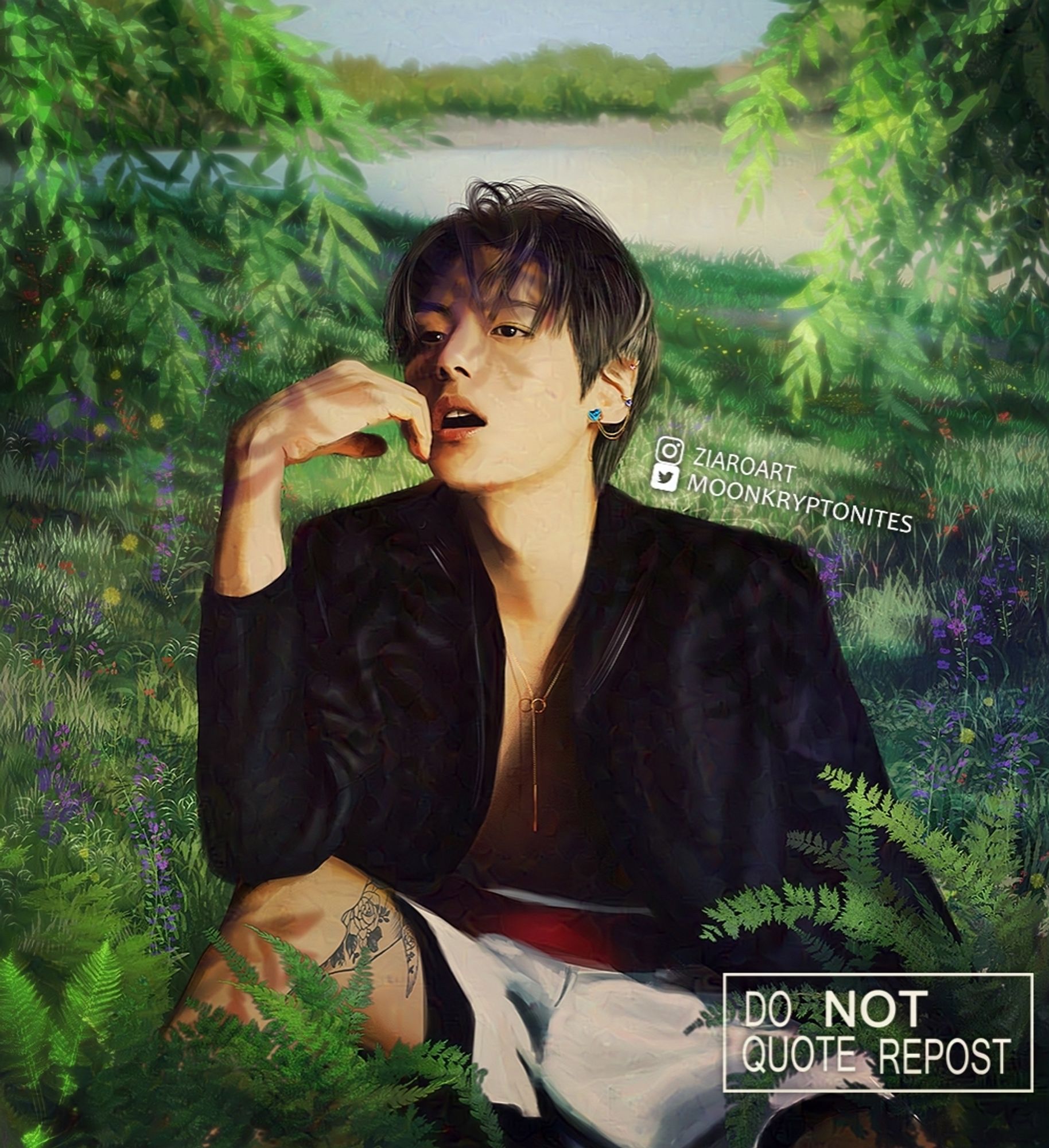 Digital painting of a Korean man (Monsta X Minhyuk) sitting in a foliage. Lake is behind him. Mood is relaxed and chic.