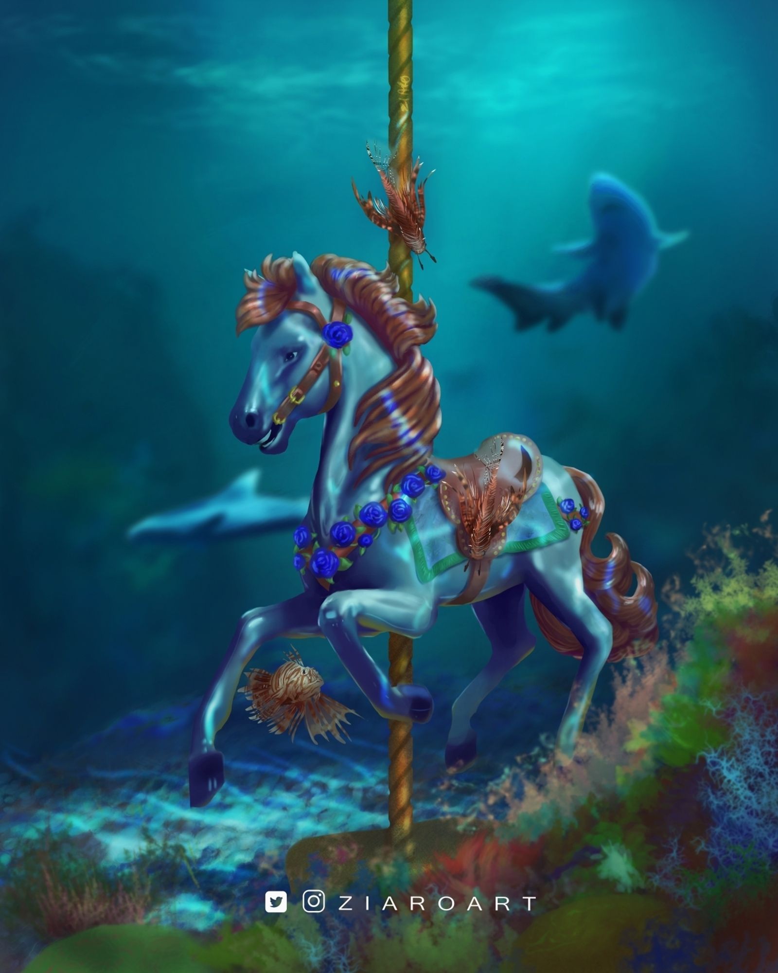 Digital painting of carousel horse submerged at the bottom of the ocean. Some sunlight shines to the horse. 3 lionfish around and on it. In the distance are two sharks. Eerie feeling.