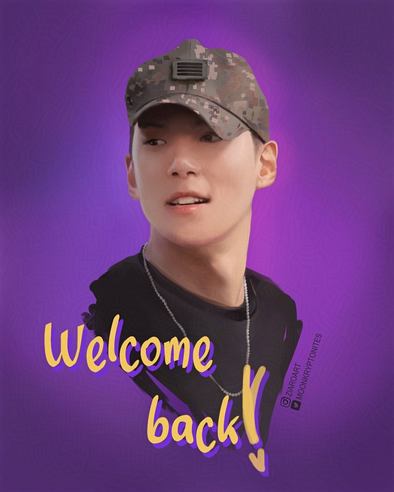 Digital painting of a Korean idol, Minhyuk of Monsta X, wearing military cap and wearing black shirt. Background is purple and at the front is a text in yellow "welcome back!“