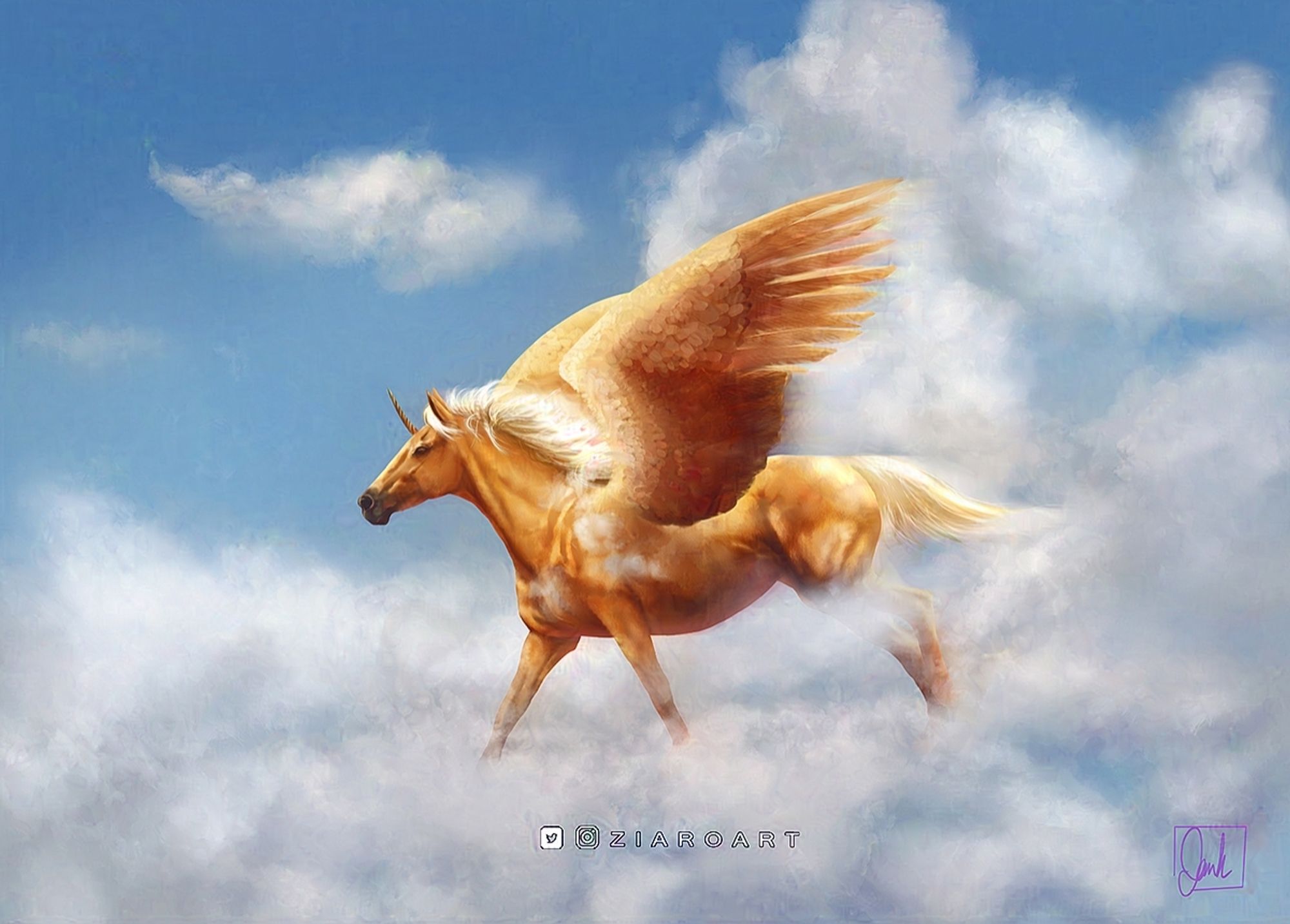 Digital painting of a golden alicorn (unicorn + Pegasus) fly galloping through clouds on a sunny day.