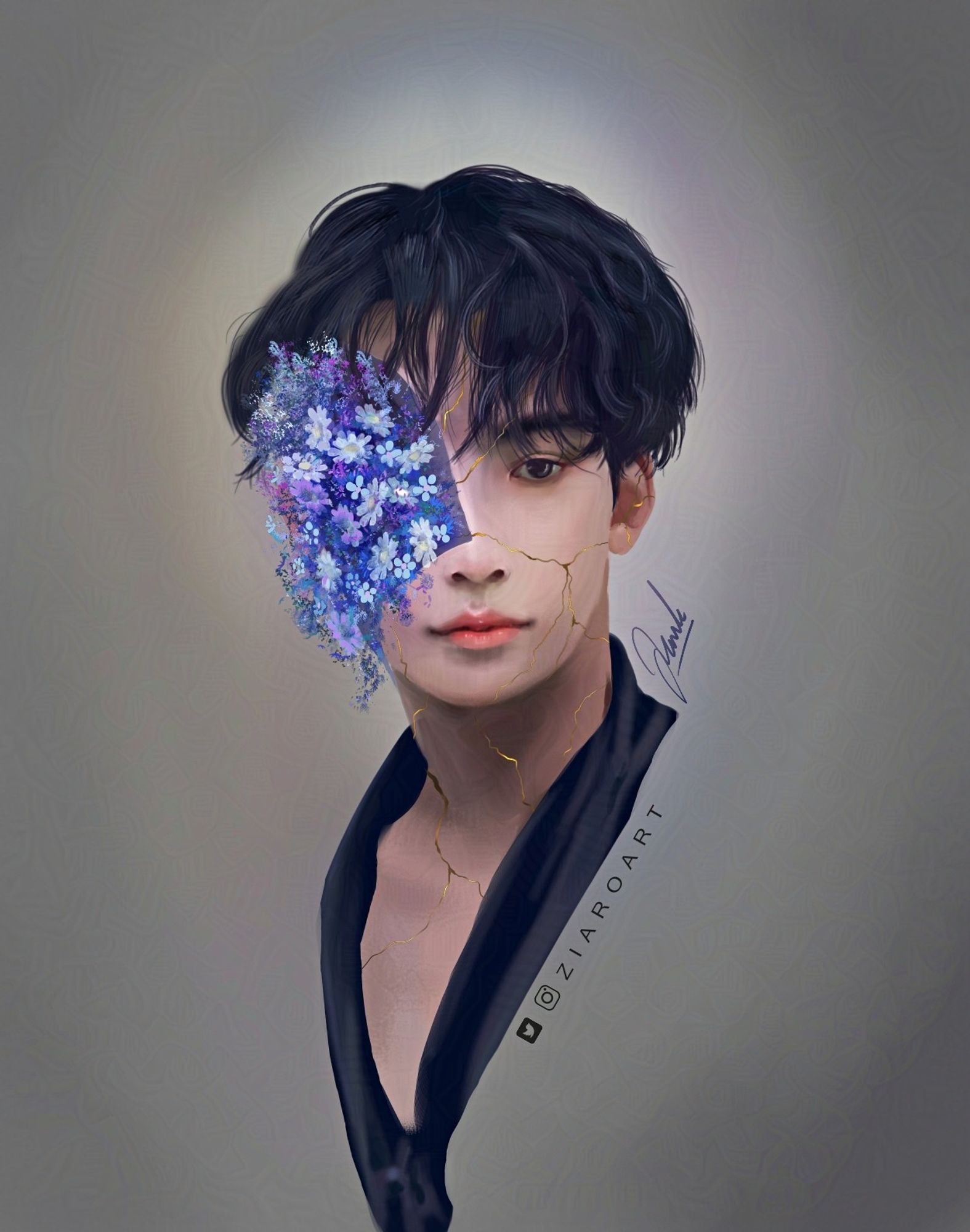 Digital painting of a korean man (Jeonghan of Seventeen) with left face covered in different shades of blue flowers. Face is also cracked and had golden lines in them. Mood is calm. Hint of black silk robe. Background is grey brown. On the side a text: ziaroart