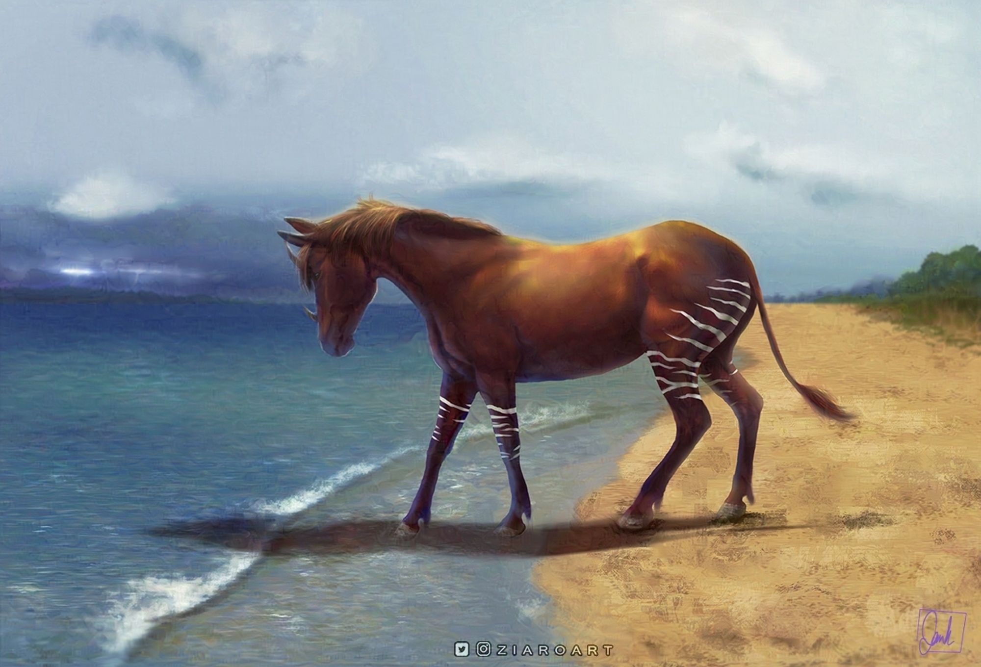 Digital painting of a brown unicorn at the beach. Unicorn has two horns like rhino and white stripes at behind and front knees. She is stepping on in the sea curiously.