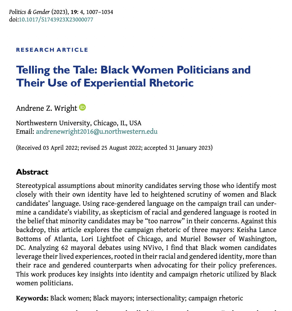 Research article entitled "Telling the Tale: Black Women Politicians and Their Use of Experiential Rhetoric" by Andrene Z. Wright.