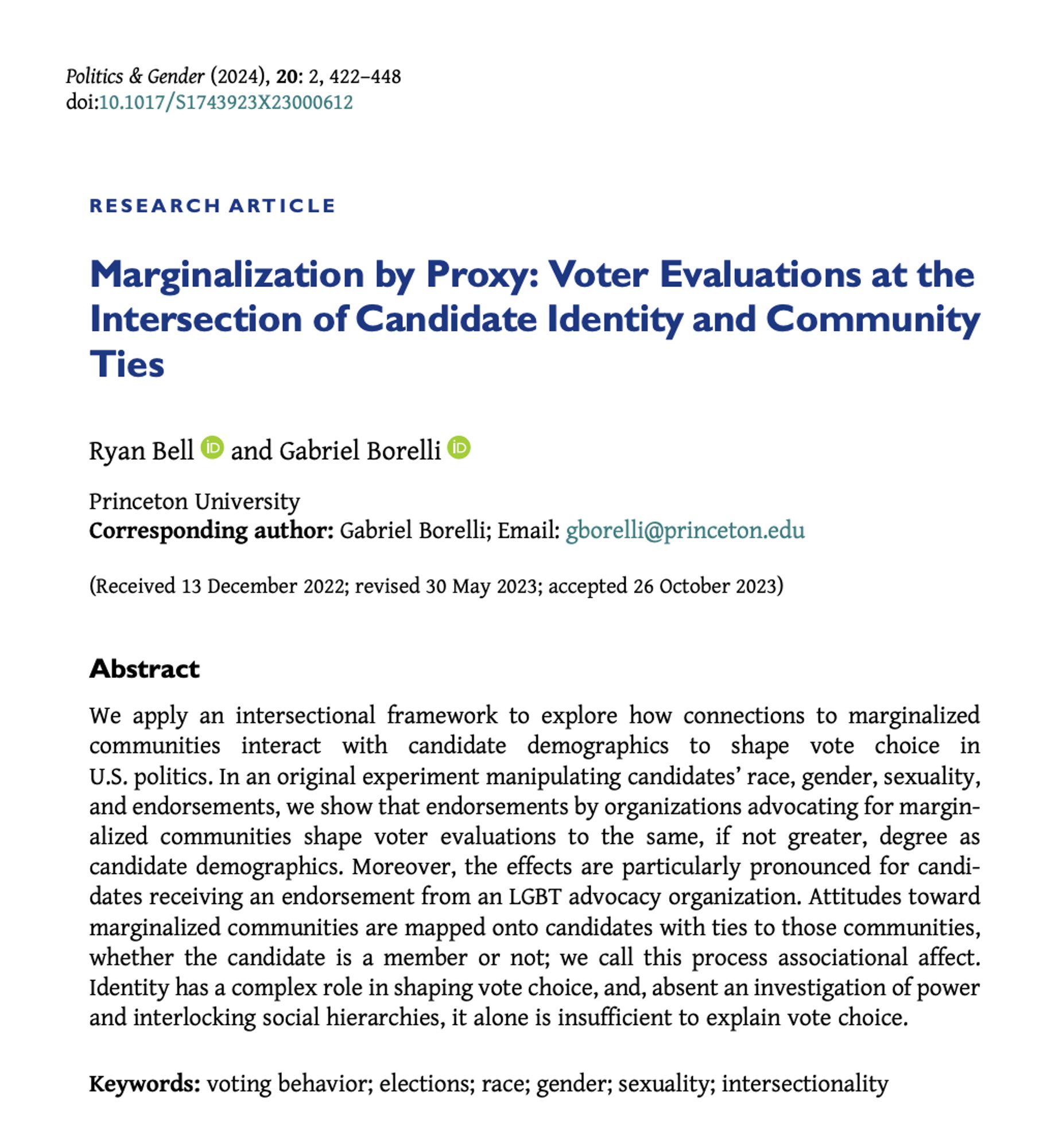 Research article entitled "Marginalization by Proxy: Voter Evaluations at the Intersection of Candidate Identity and Community Ties" by Ryan Bell and Gabriel Borelli