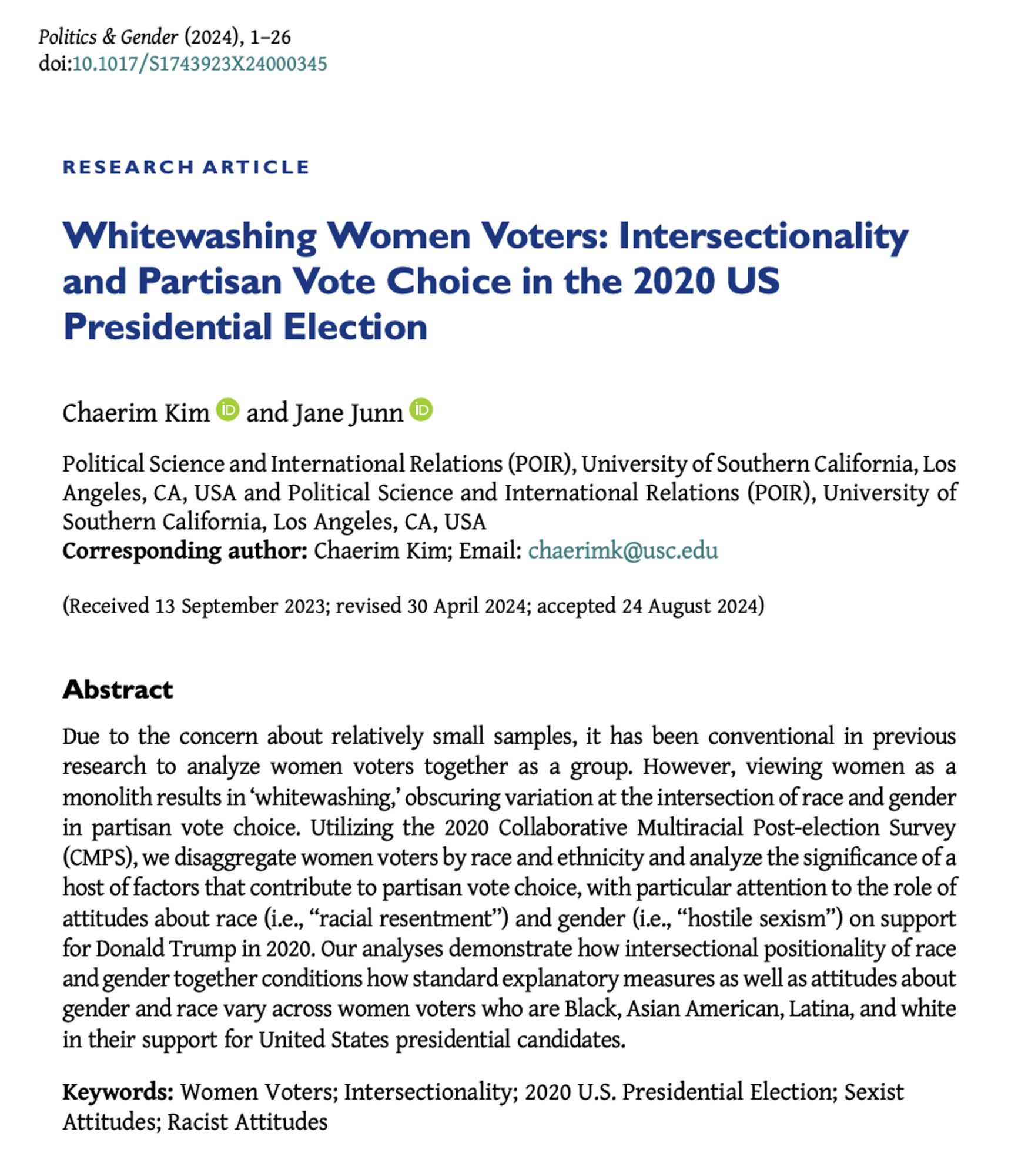 Research article entitled "Whitewashing Women Voters: Intersectionality and Partisan Vote Choice in the 2020 US Presidential Election" by Chaerim Kim and Jane Junn.