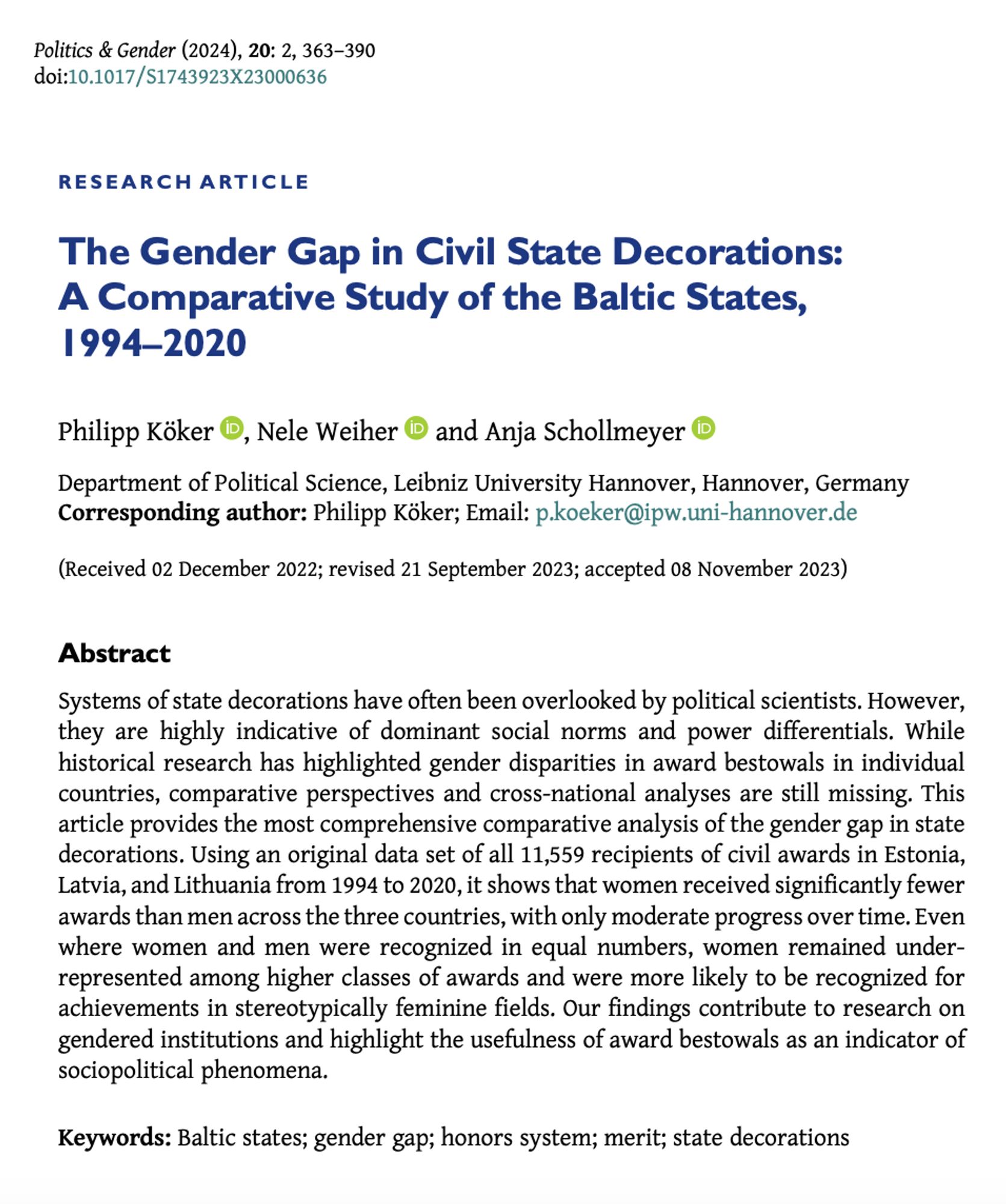 Research article entitled "The Gender Gap in Civil State Decorations: A Comparative Study of the Baltic States, 1994–2020" by Philipp Köker, Nele Weiher and Anja Schollmeyer