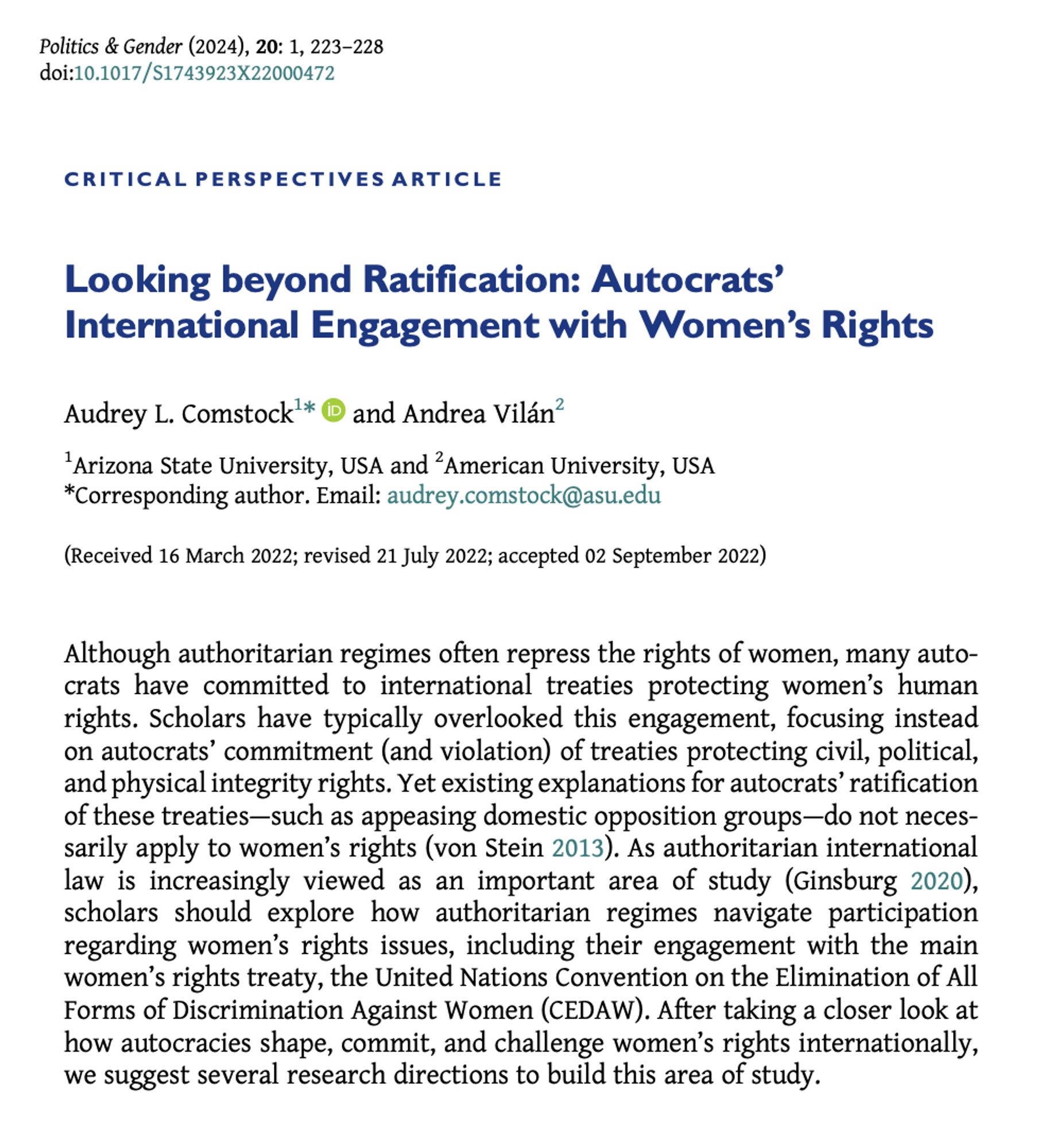 Critical perspectives article entitled "Looking beyond Ratification: Autocrats’ International Engagement with Women’s Rights" by Audrey L. Comstock and Andrea Vilán.