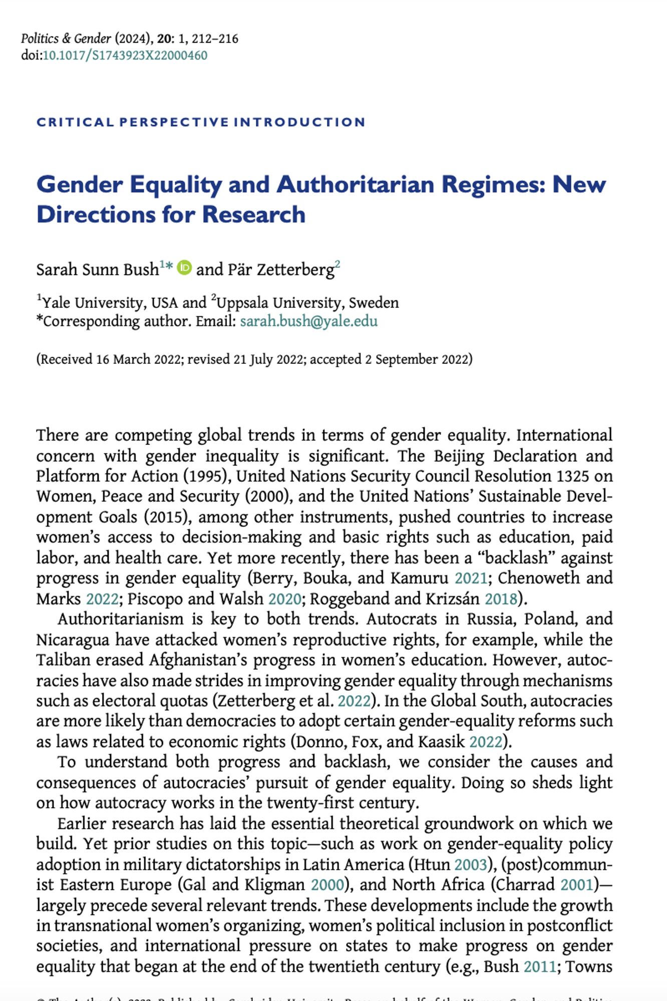 Critical Perspectives article entitled "Gender Equality and Authoritarian Regimes: New Directions for Research" by Sarah Sunn Bush & Pär Zetterberg.