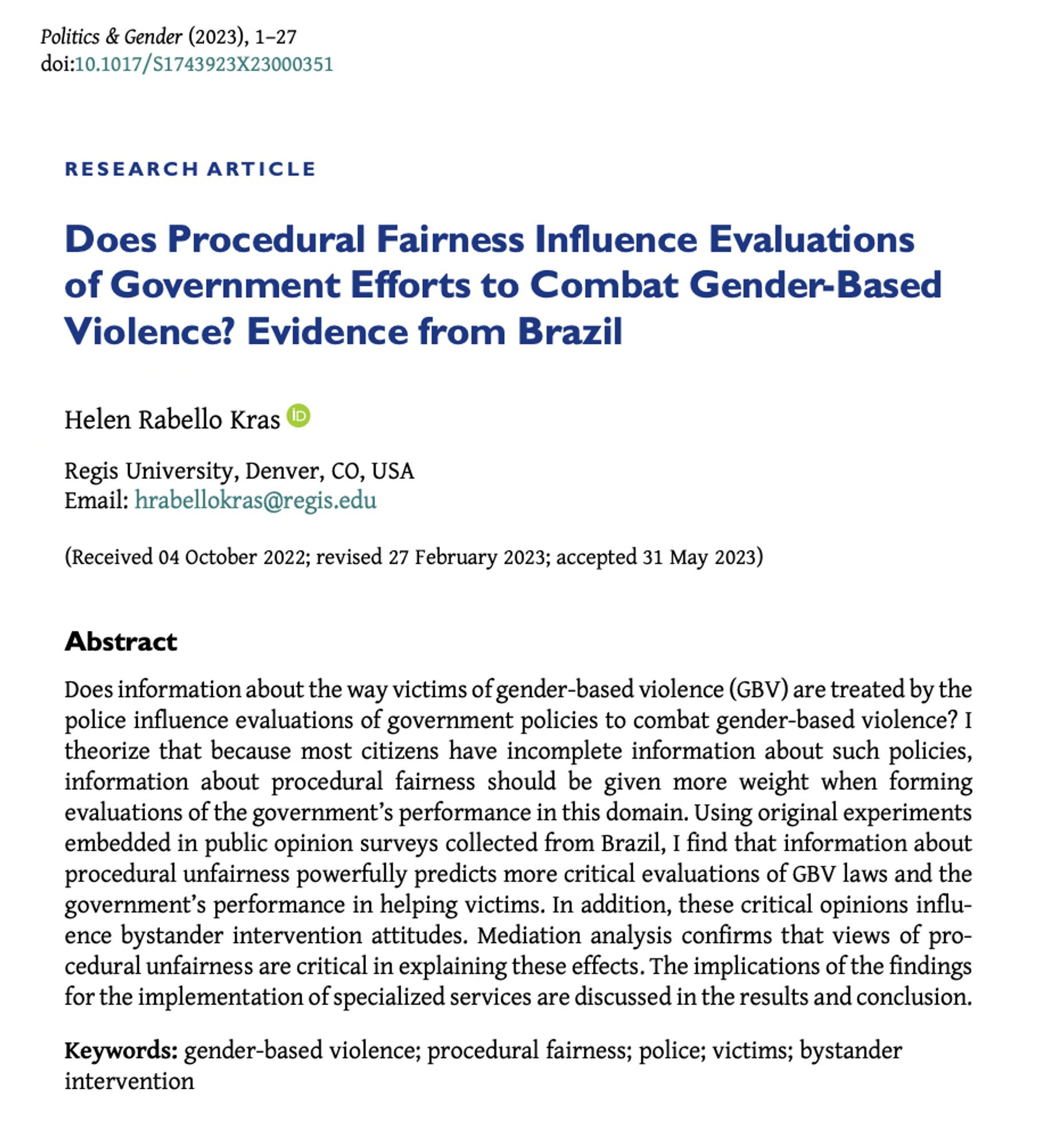 Screenshot of research article entitled "Does Procedural Fairness Influence Evaluations of Government Efforts to Combat Gender-Based Violence? Evidence from Brazil" by Helen Rabello Kras.