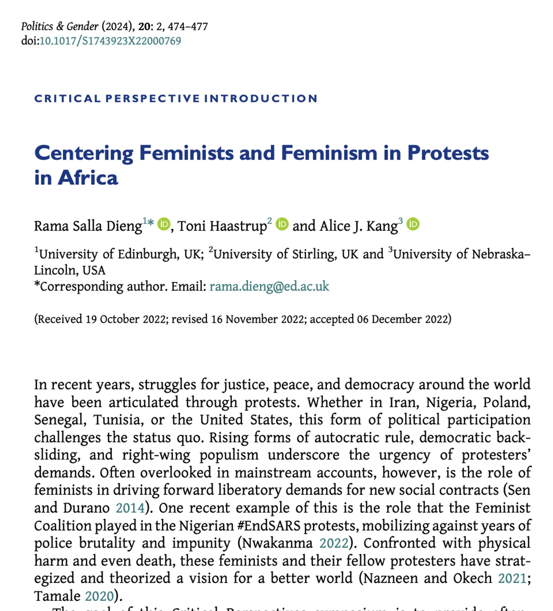 Introduction to this Critical Perspectives entitled "Centering Feminists and Feminism in Protests in Africa" by Rama Salla Dieng, Toni Haastrup and Alice J. Kang