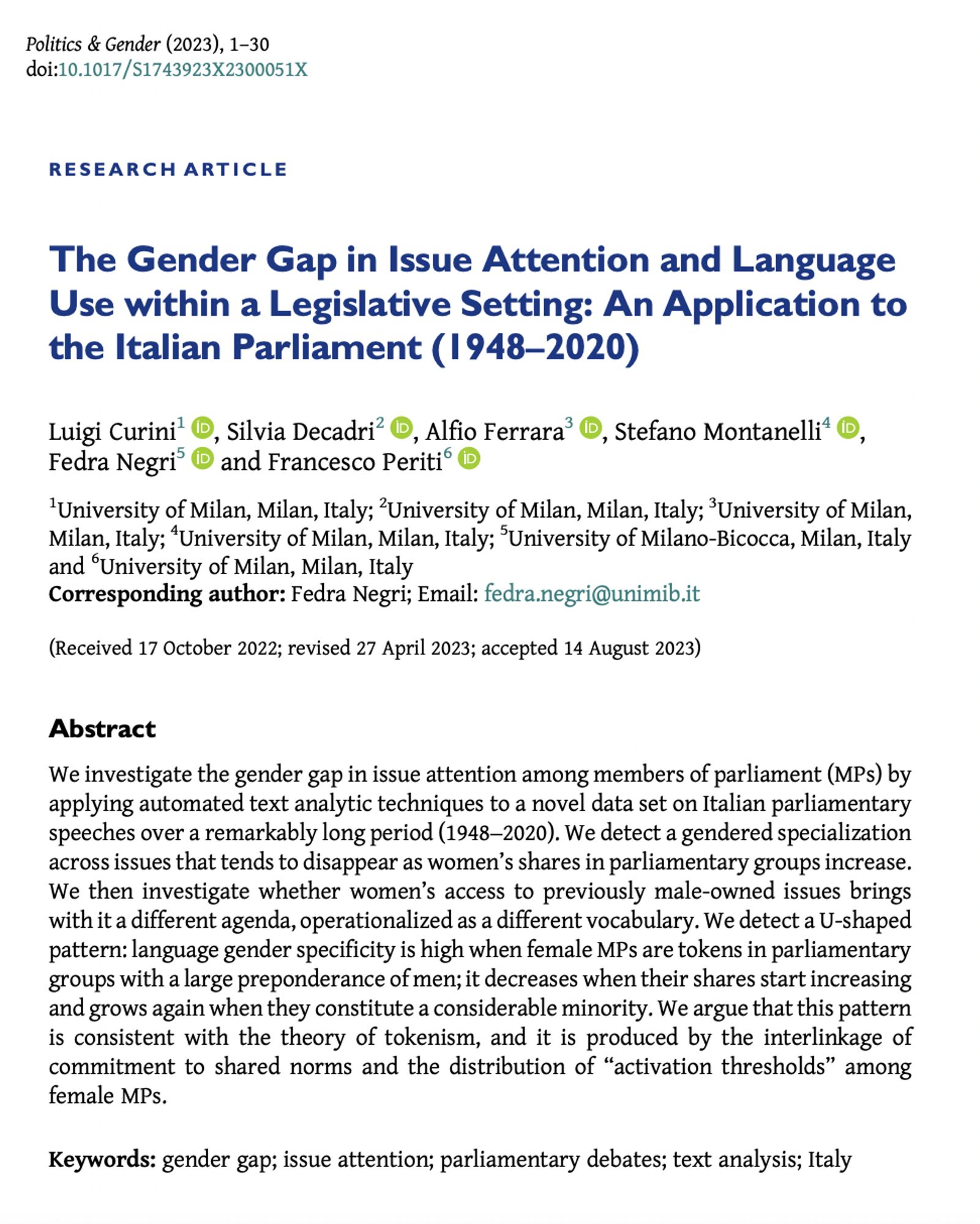 Screenshot of research article entitled "The Gender Gap in Issue Attention and Language Use within a Legislative Setting: An Application to the Italian Parliament (1948–2020)" by Luigi Curini, Silvia Decadri, Alfio Ferrara, Stefano Montanelli, Fedra Negri and Francesco Periti