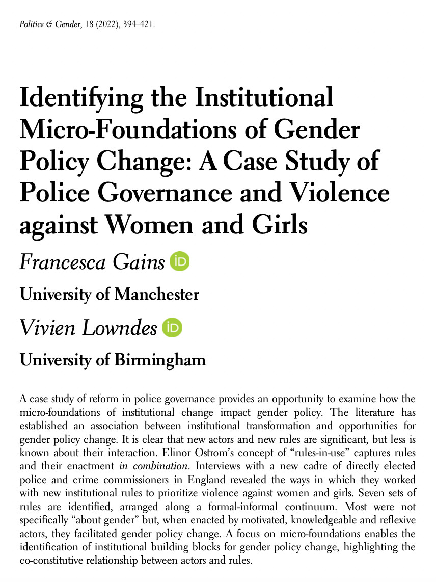 Screenshot of research article ' Identifying the Institutional Micro-Foundations of Gender Policy Change: A Case Study of Police Governance and Violence against Women and Girls' by Francesca Gains & Vivien Lowndes