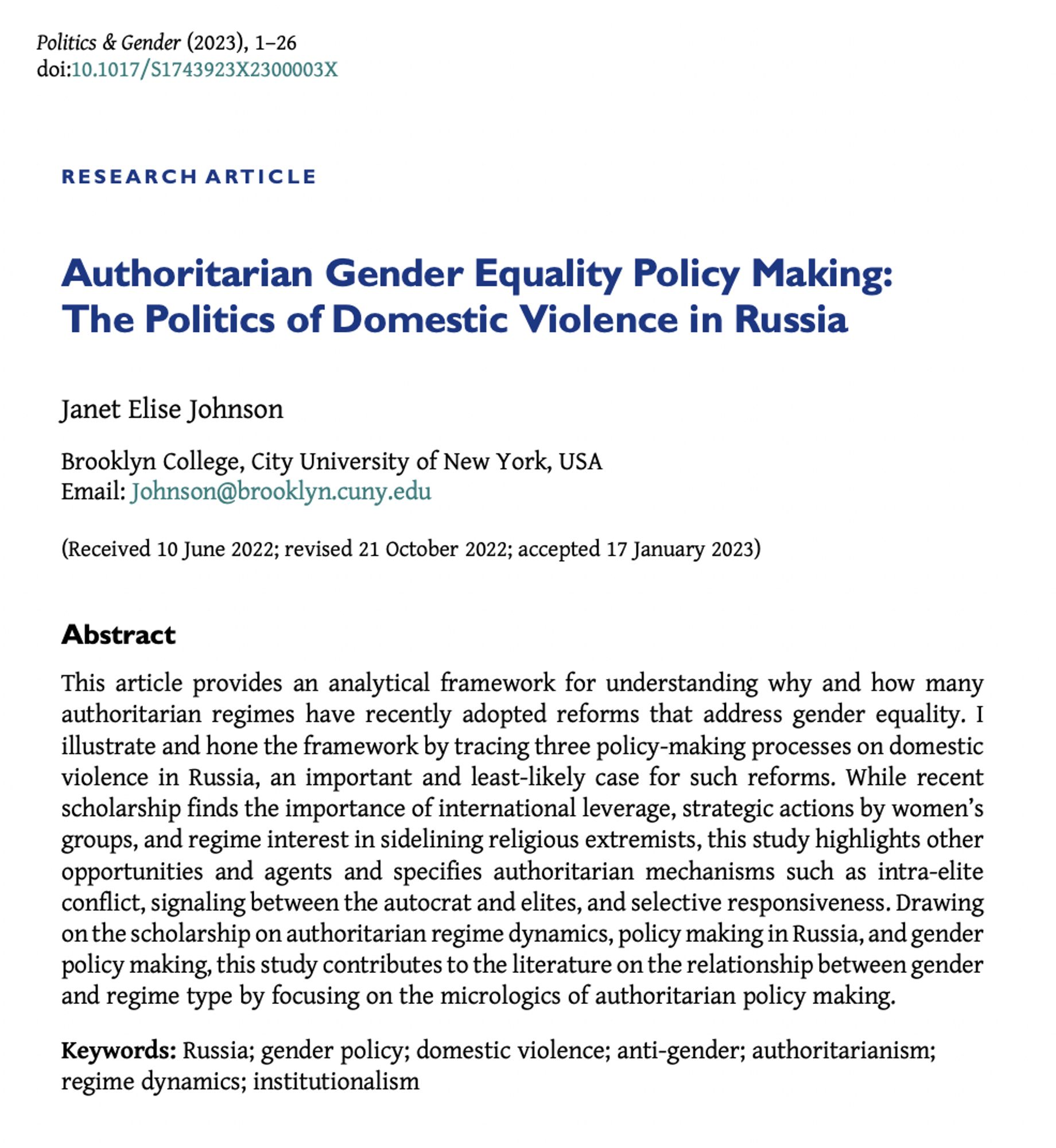 Research Article entitled "Authoritarian Gender Equality Policy Making:
The Politics of Domestic Violence in Russia" by Janet Elise Johnson