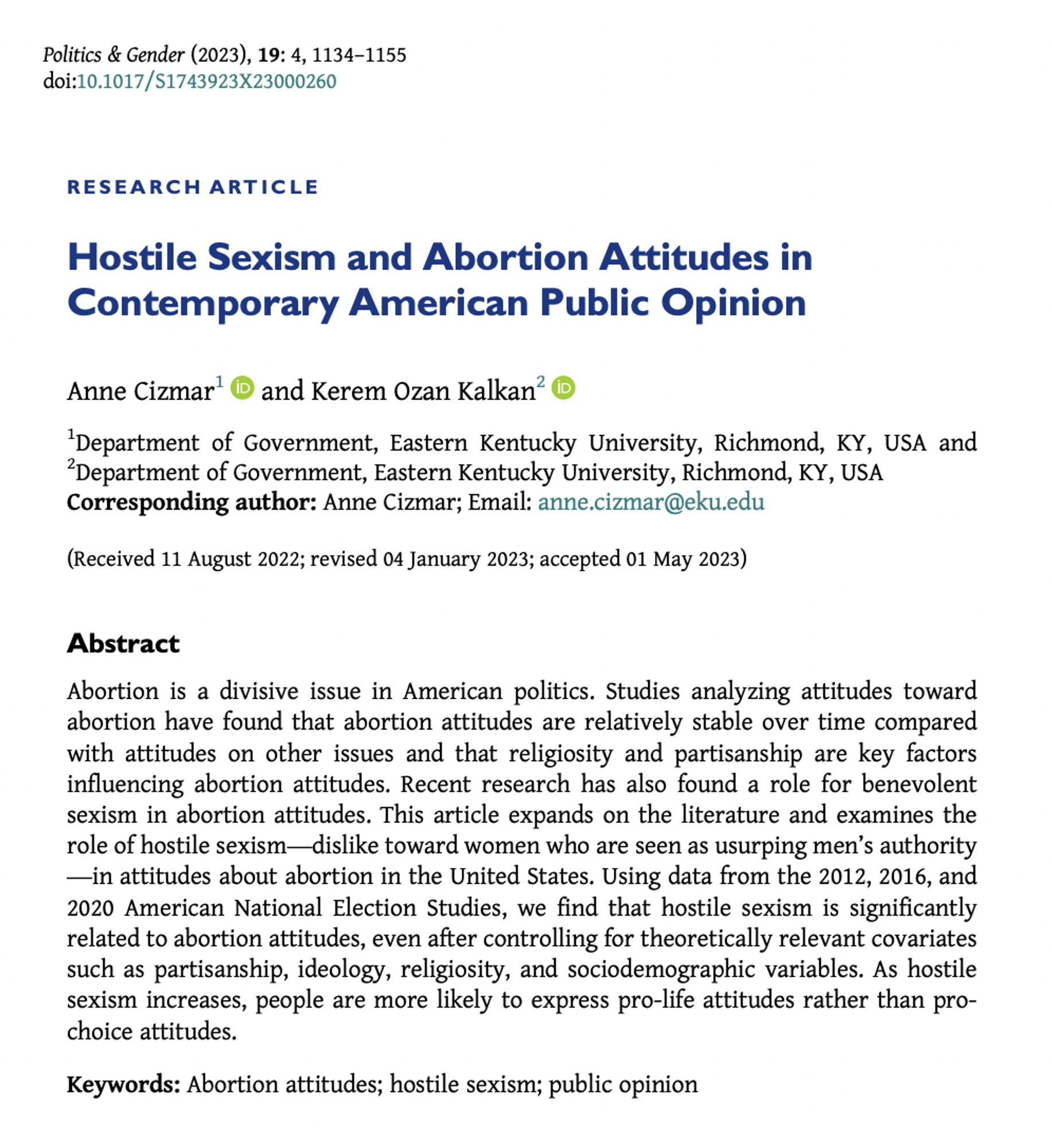 Research article entitled "Hostile Sexism and Abortion Attitudes in Contemporary American Public Opinion" by  Anne Cizmar and Kerem Ozan Kalkan