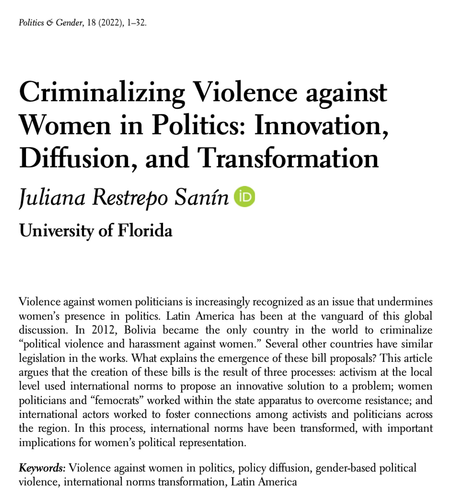 Screenshot of research article "Criminalizing Violence against Women in Politics: Innovation, Diffusion, and Transformation" byJuliana Restrepo Sanín