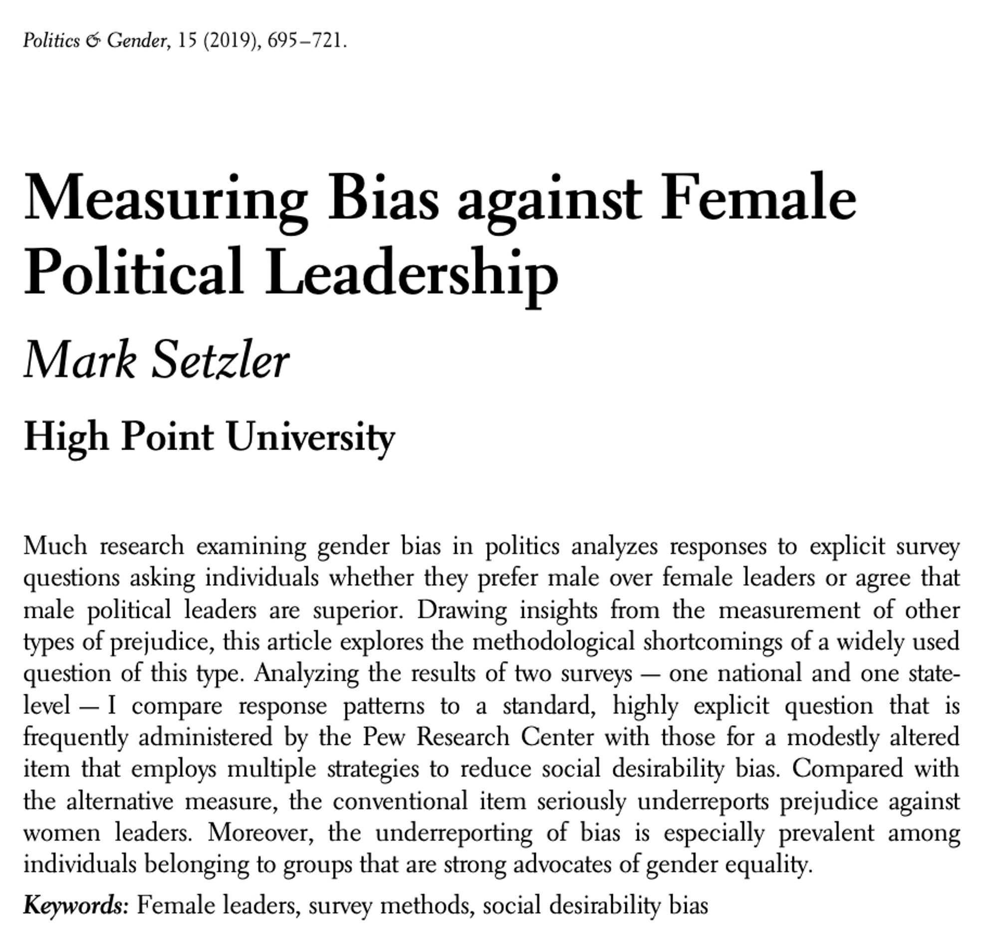 Research article entitled "Measure Bias against Female Political Leadership" by Mark Setzler.