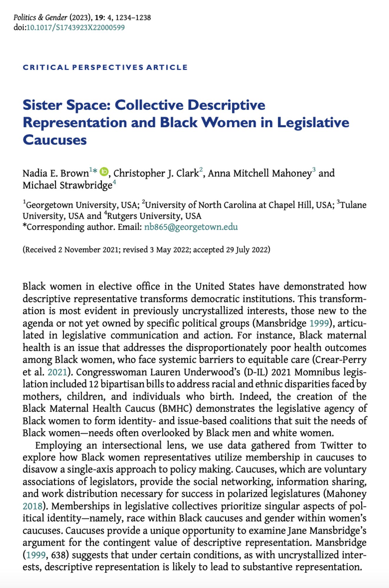 Critical Perspectives article entitled "Sister Space: Collective Descriptive Representation and Black Women in Legislative Caucuses" by Nadia E. Brown, Christopher J. Clark, Anna Mitchell Mahoney, and Michael Strawbridge