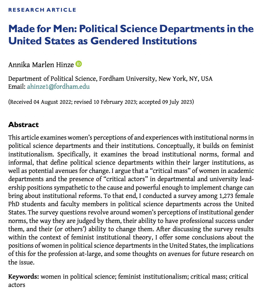 Screenshot of research article entitled "Made for Men: Political Science Departments in the United States as Gendered Institutions" by Annika Marlen Hinze