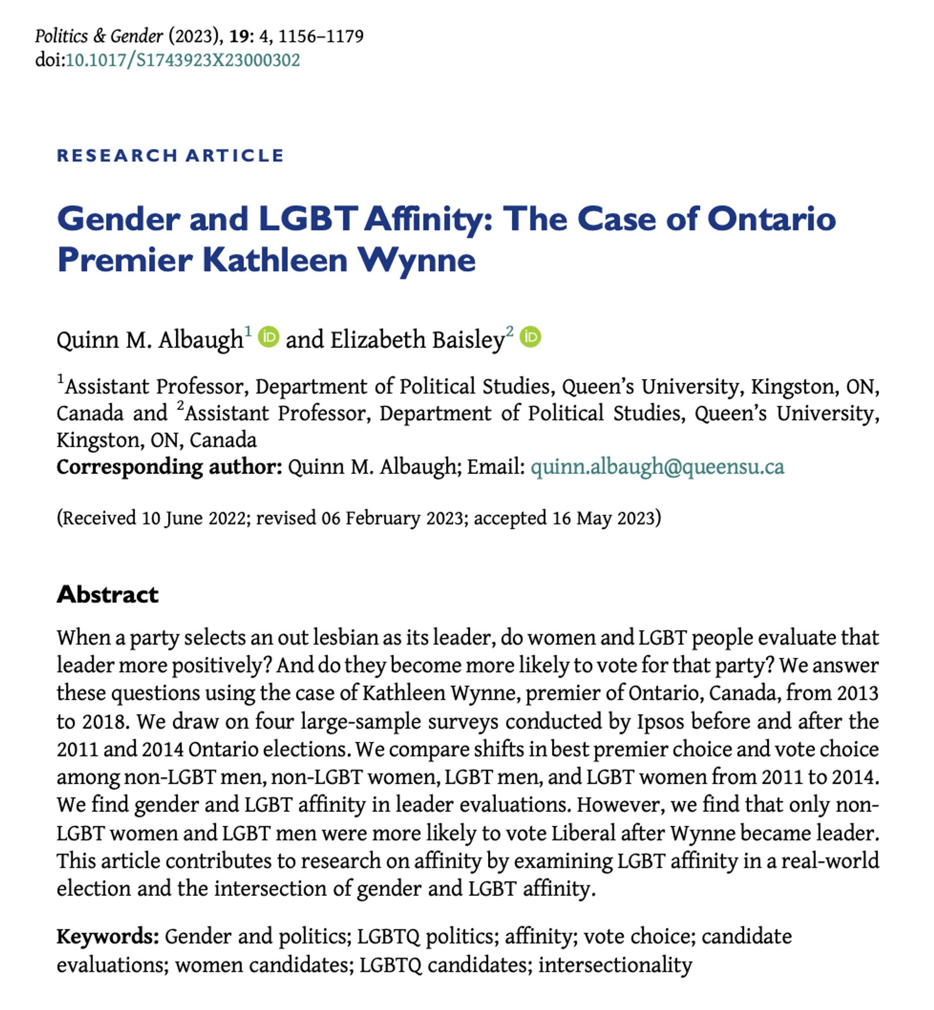 Research article entitled "Gender and LGBT Affinity: The Case of Ontario Premier Kathleen Wynne" by Quinn M. Albaugh and Elizabeth Baisley.