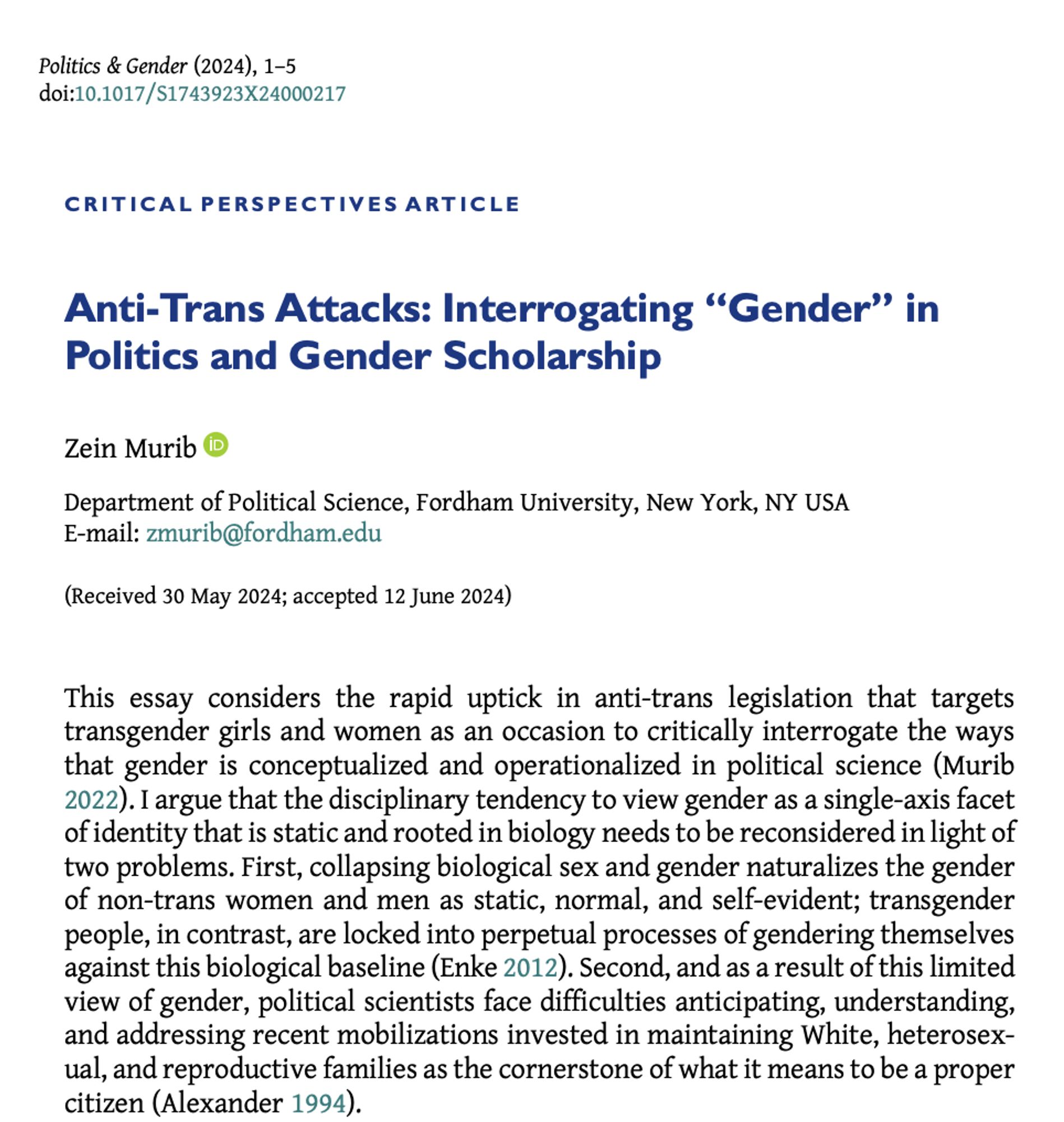 Critical perspectives article entitled "Anti-Trans Attacks: Interrogating “Gender” in Politics and Gender Scholarship" by Zein Murib.