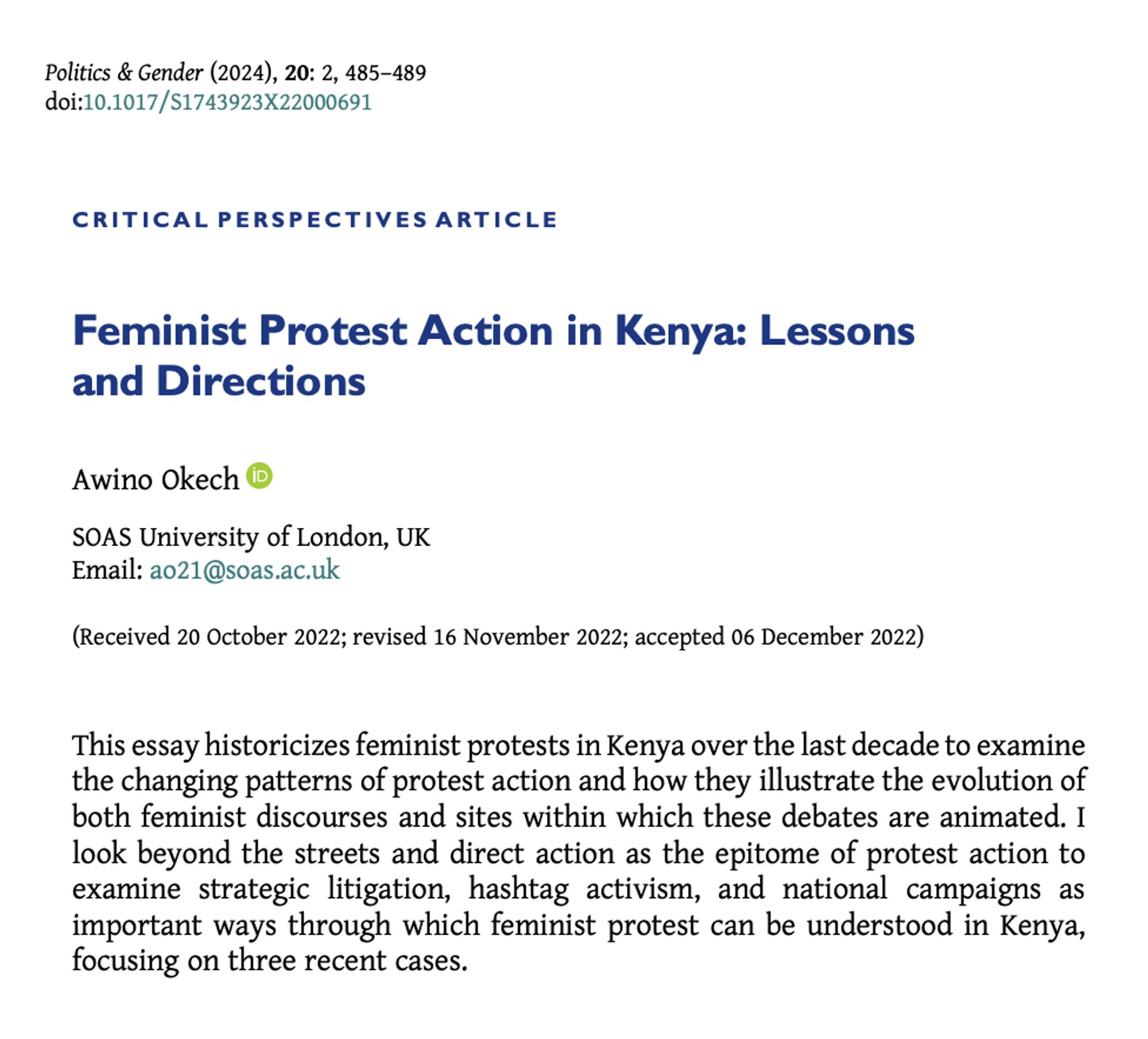 Critical Perspectives article entitled "Feminist Protest Action in Kenya: Lessons and Directions" by  Awino Okech