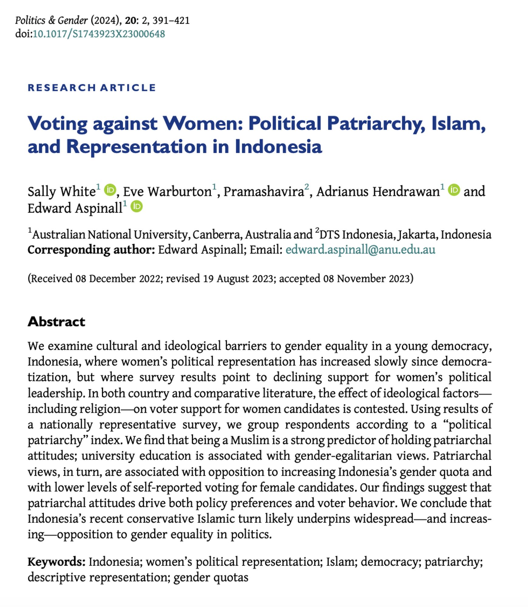 Research article entitled "Voting against Women: Political Patriarchy, Islam, and Representation in Indonesia" by Sally White, Eve Warburton,  Pramashavira,  Adrianus Hendrawan, Adrianus Hendrawan and Edward Aspinall