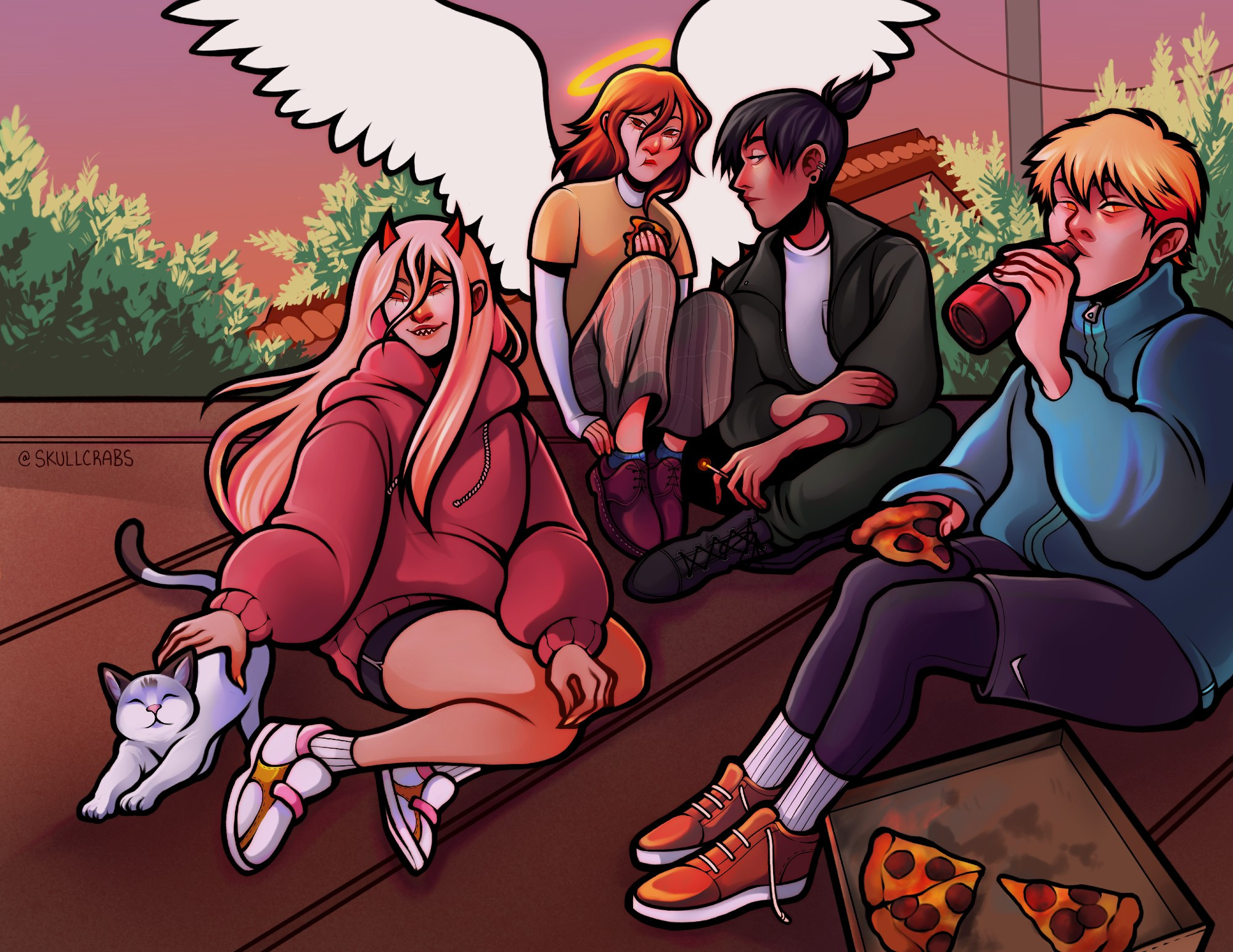 Group art of Power, Angel, Aki, and Denji eating pizza over a rooftop.