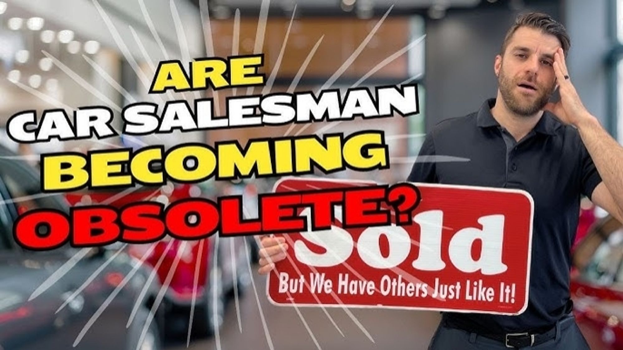 A YouTube card featuring a man with a headache that exclaims, "Are Car Salesman Becoming Obsolete?"